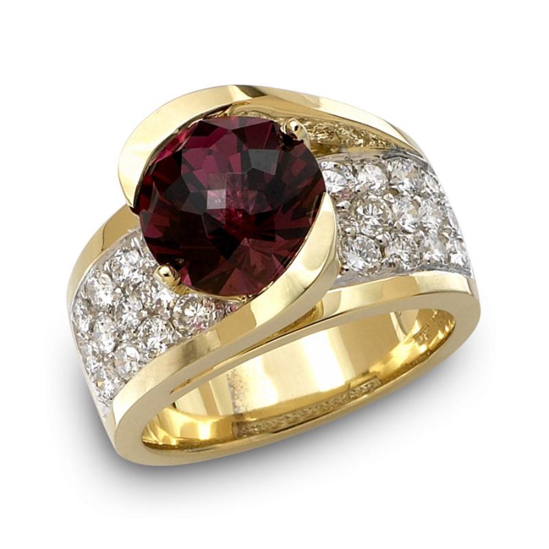 Anillo de rodolita y diamantes de 6 quilates, oro de 14 quilates, Ben Dannie Moderno en venta