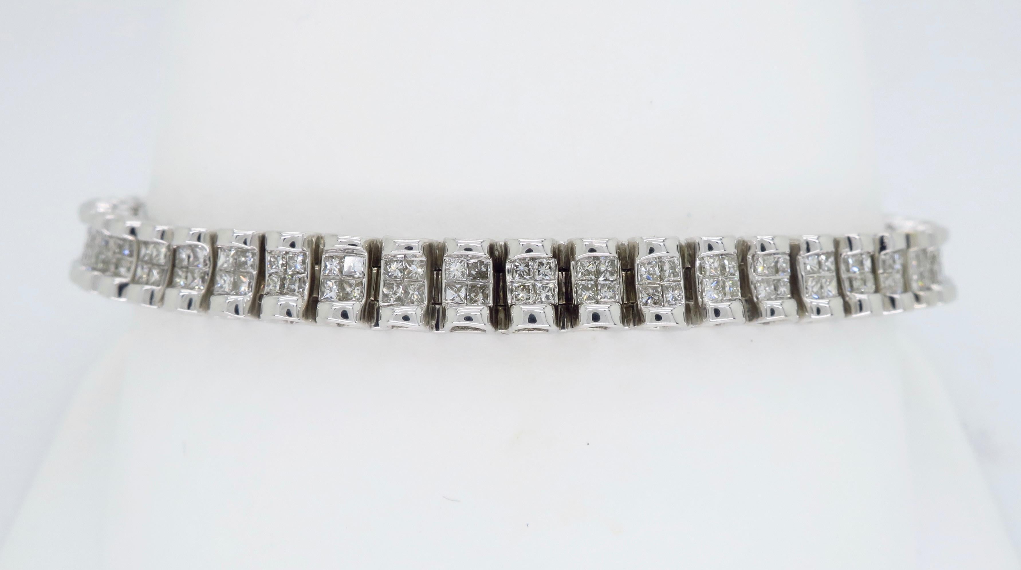 Women's or Men's 6 Carat Two-Row Princess Cut Diamond Bracelet