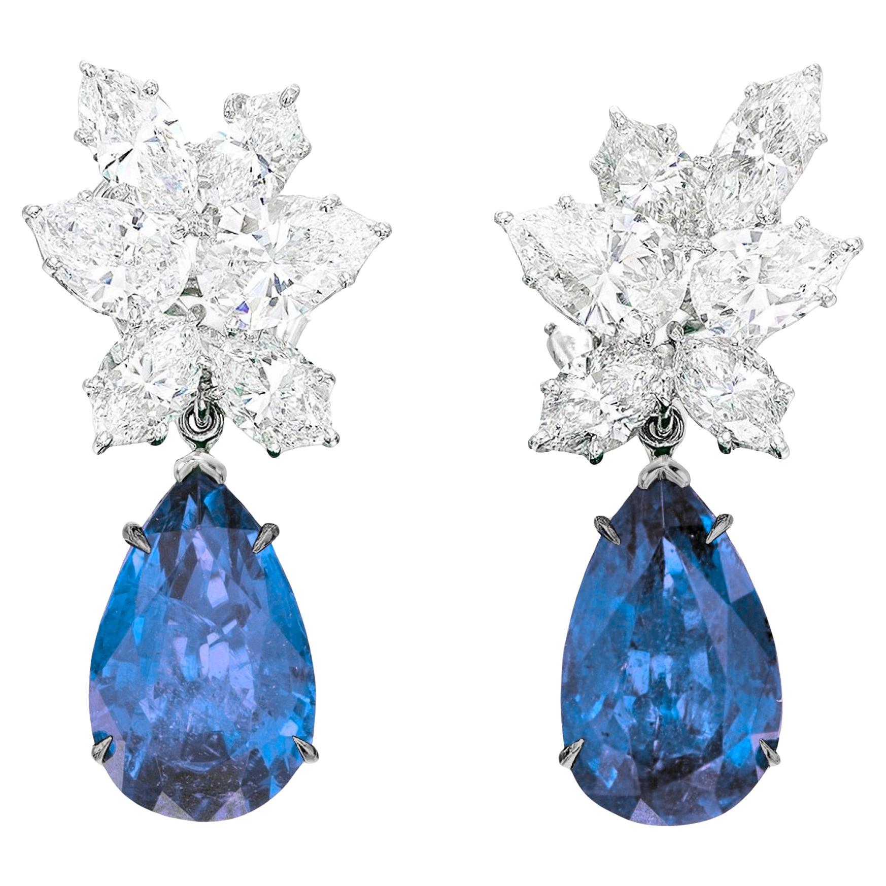 6  Carat Vivid Blue Pear Shape Sapphires White Gold Earrings For Sale