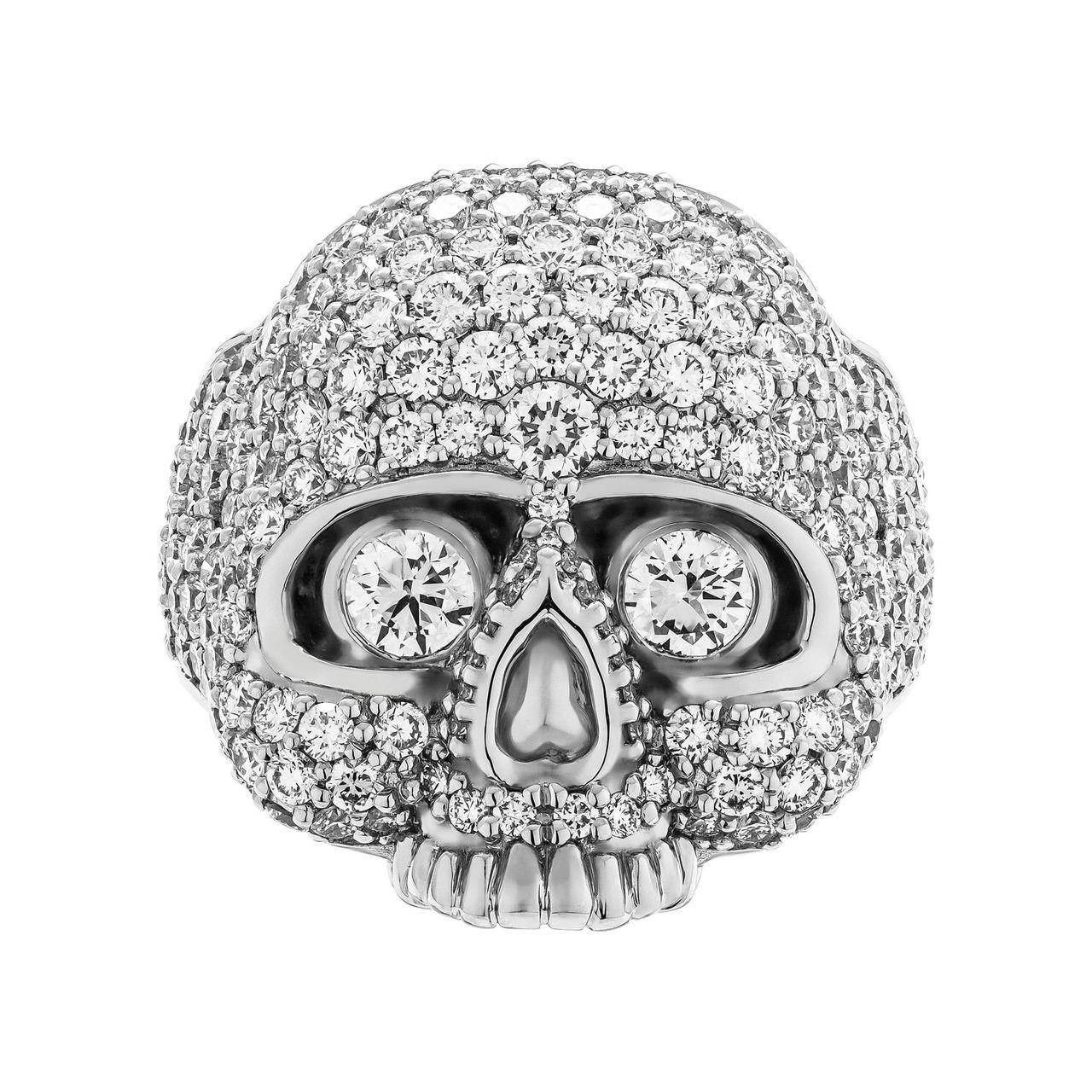 Skull jewelry is always a hot item on runways and among celebrities in Hollywood.
 Take your pick of the loot with this crowned skull ring expertly handcrafted in gleaming Platinum and amazingly iced out with 6 carat white diamonds. 
The skull's