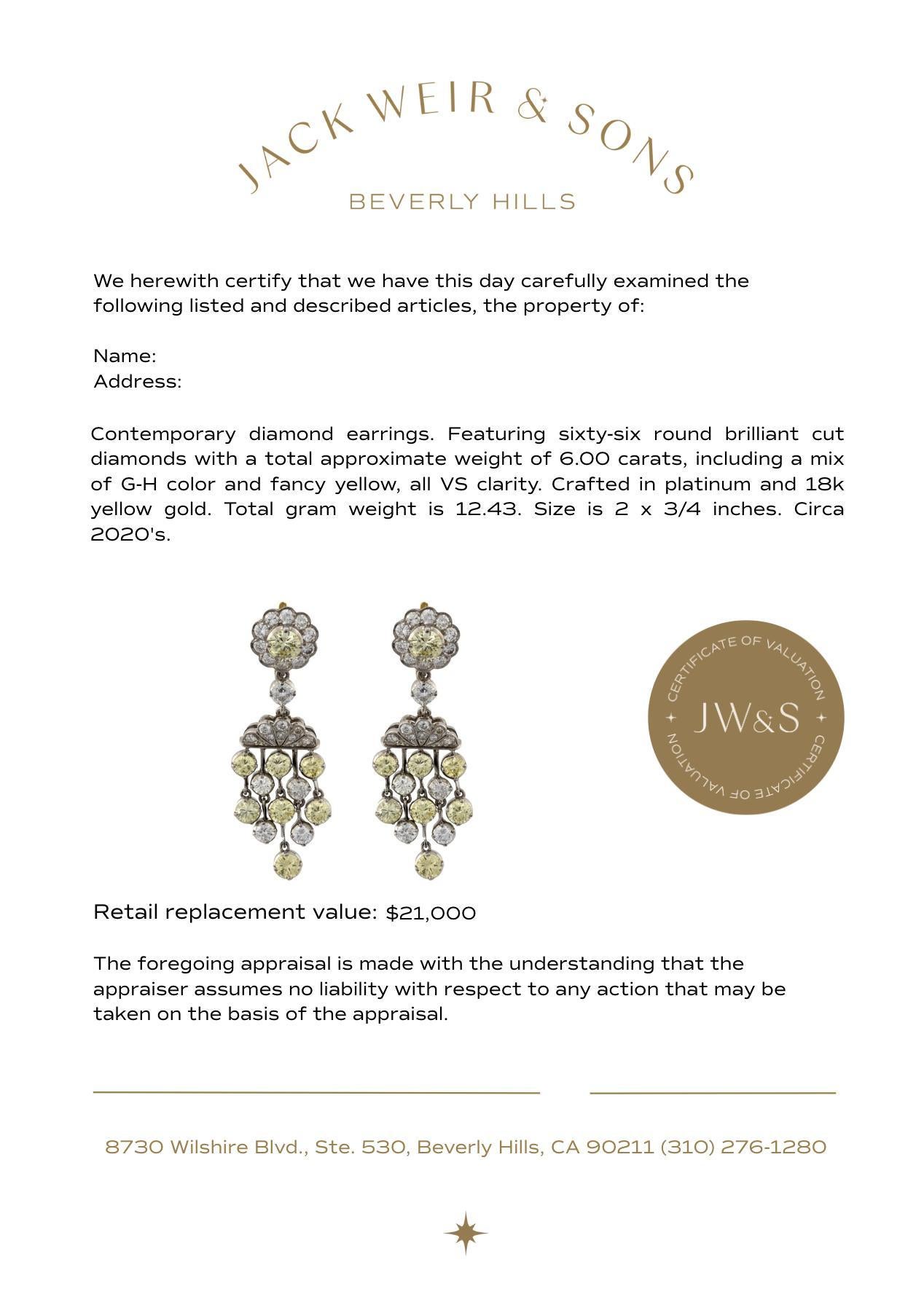 6 Karat gelbe und weiße Diamant-Kronleuchter-Ohrringe im Zustand „Gut“ im Angebot in Beverly Hills, CA