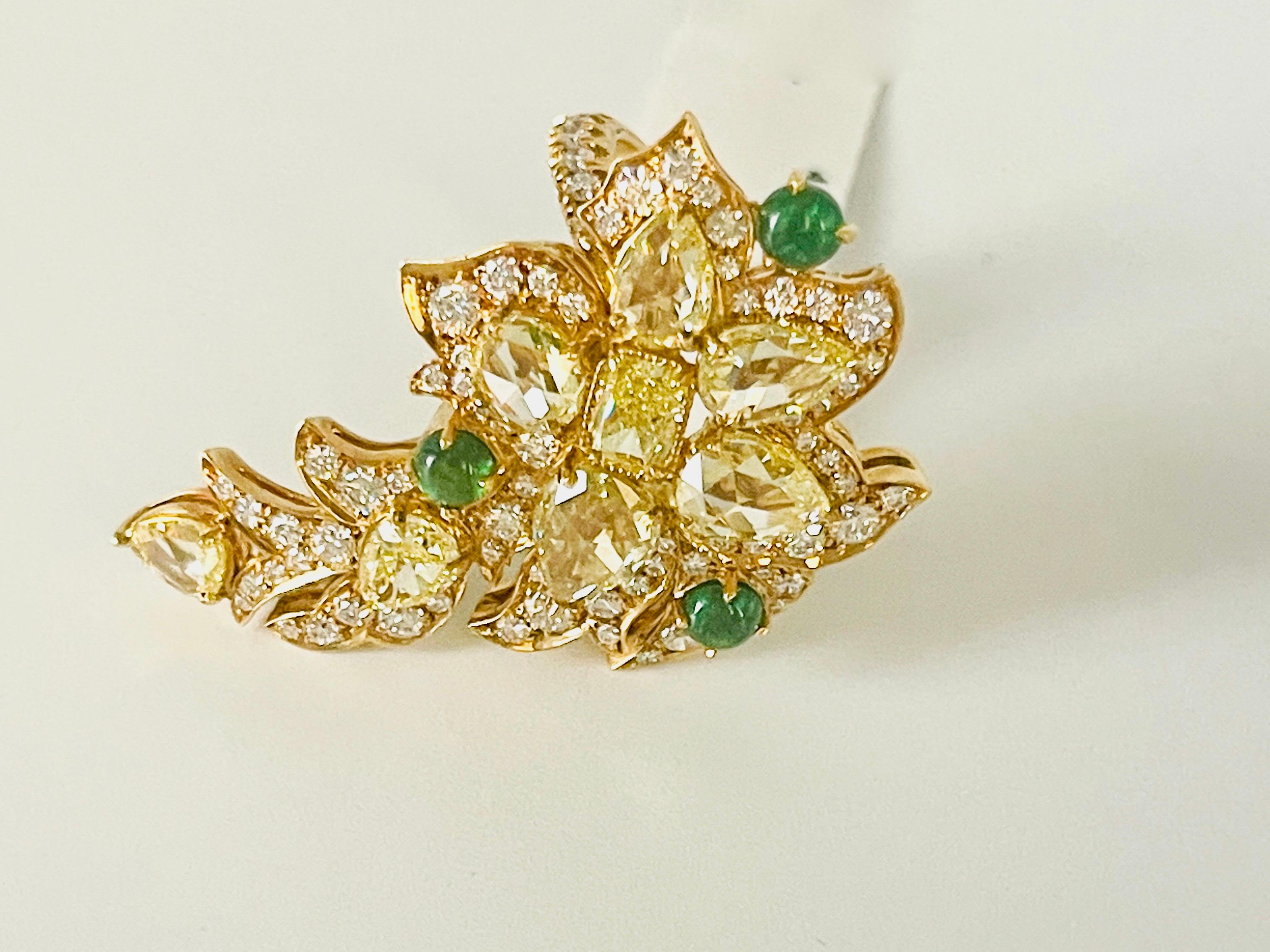 Rose Cut 6 Carat Yellow Diamonds, Emerald and diamonds Cluster Ring Set in 18k Gold. For Sale