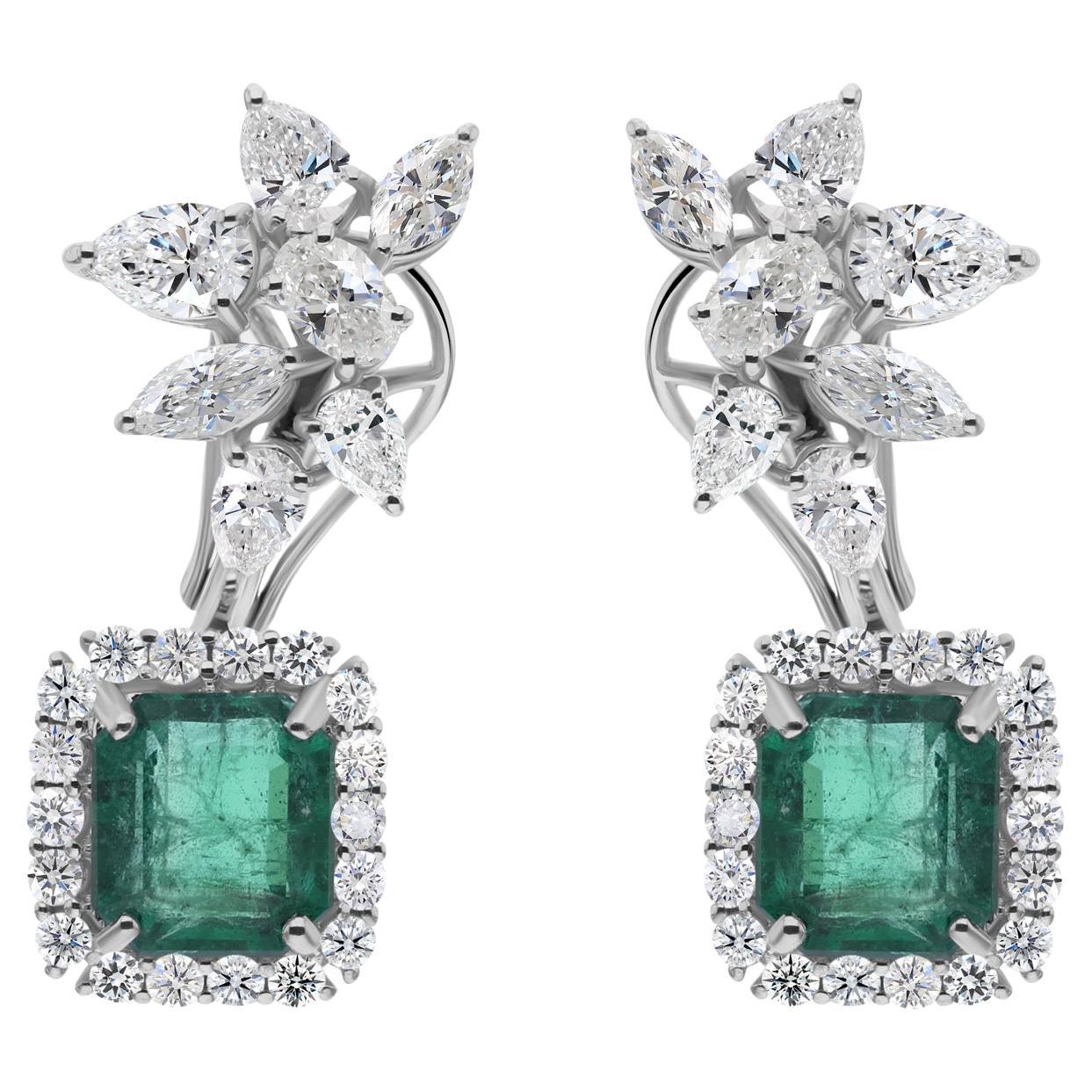 6.00 Carat Zambian Emerald and 3.58Carat Diamond Drop Earrings in 14K White Gold