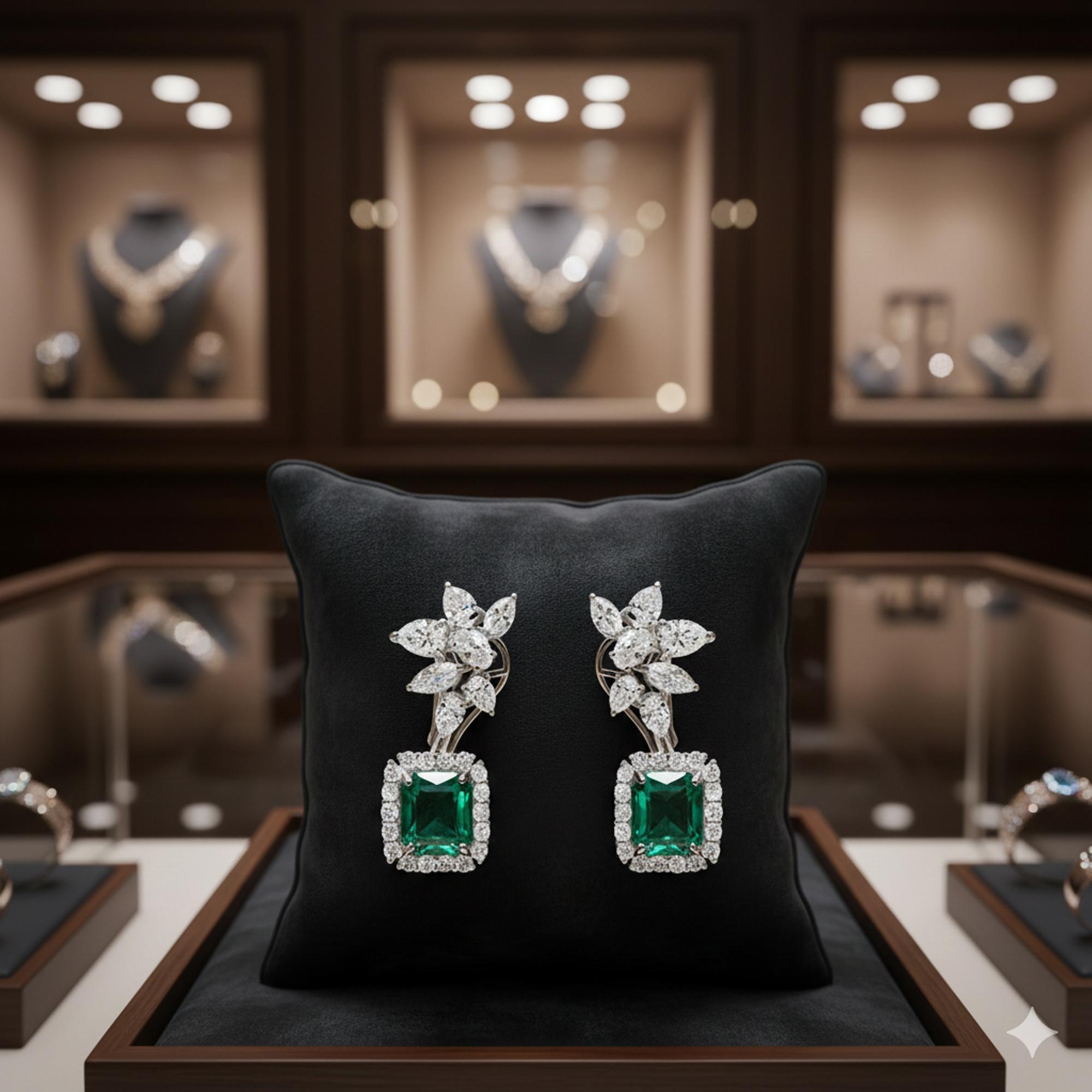 6 Karat sambischer Smaragd 3,58 Karat SI/H Diamant Ohrringe 18 Karat Weißgold im Angebot 1