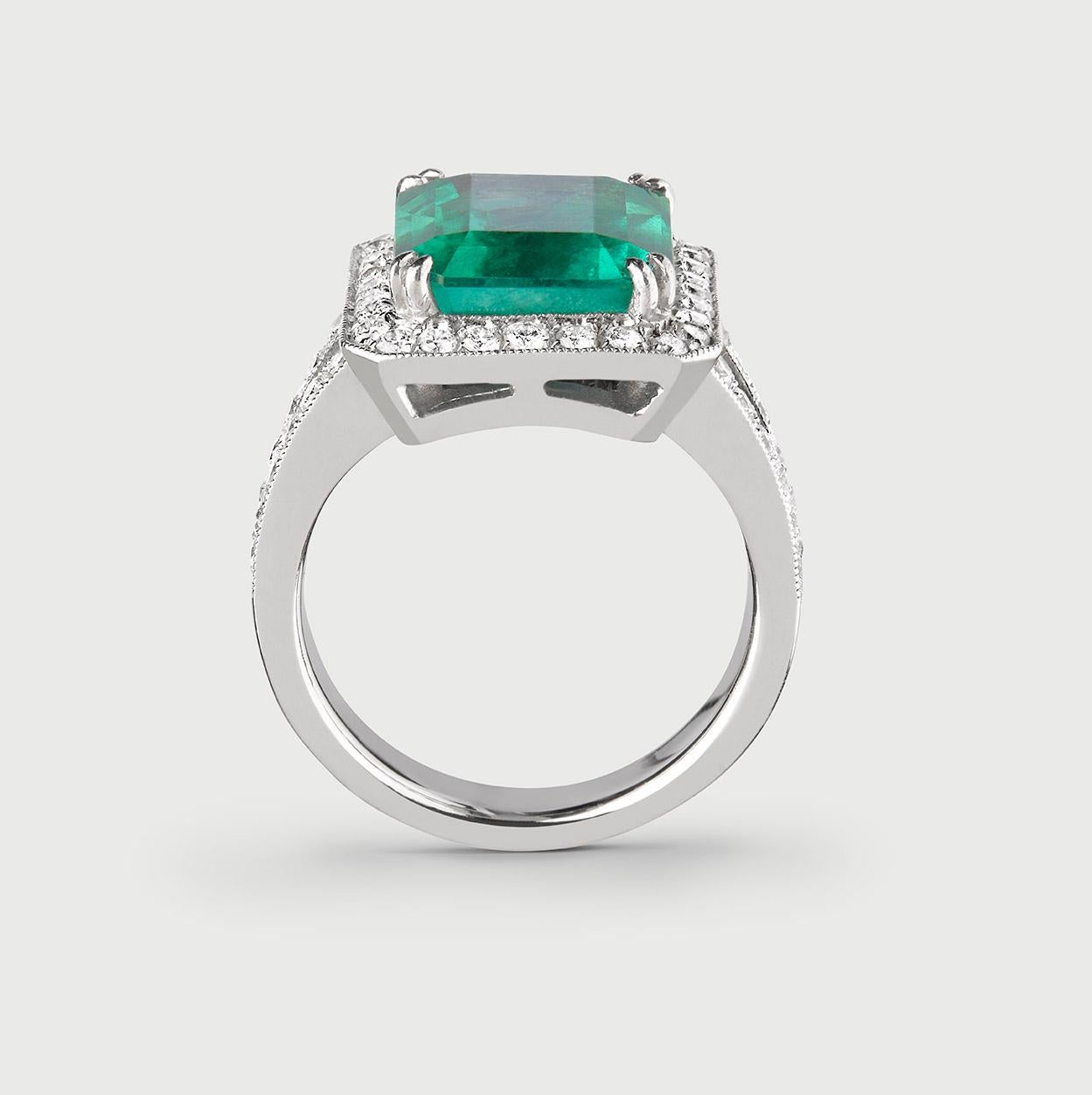 Emerald Cut 6 Carats Colombian Emerald & Diamond Cocktail Ring Handcrafted in 18k White Gold For Sale