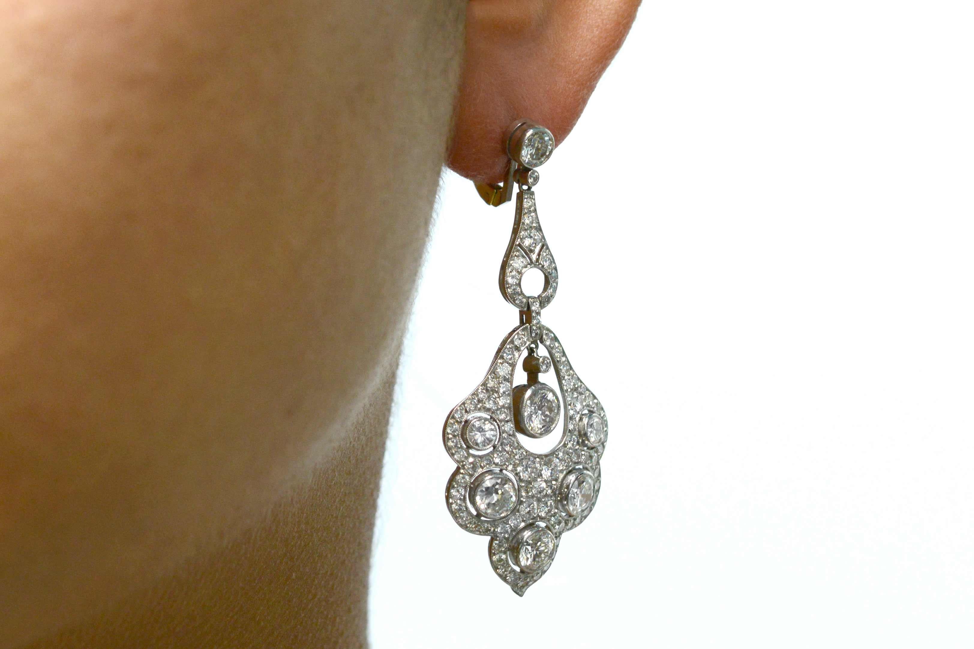 Edwardian 6 Carat Diamond Dangle Earrings Chandelier Long Drop Platinum Feather