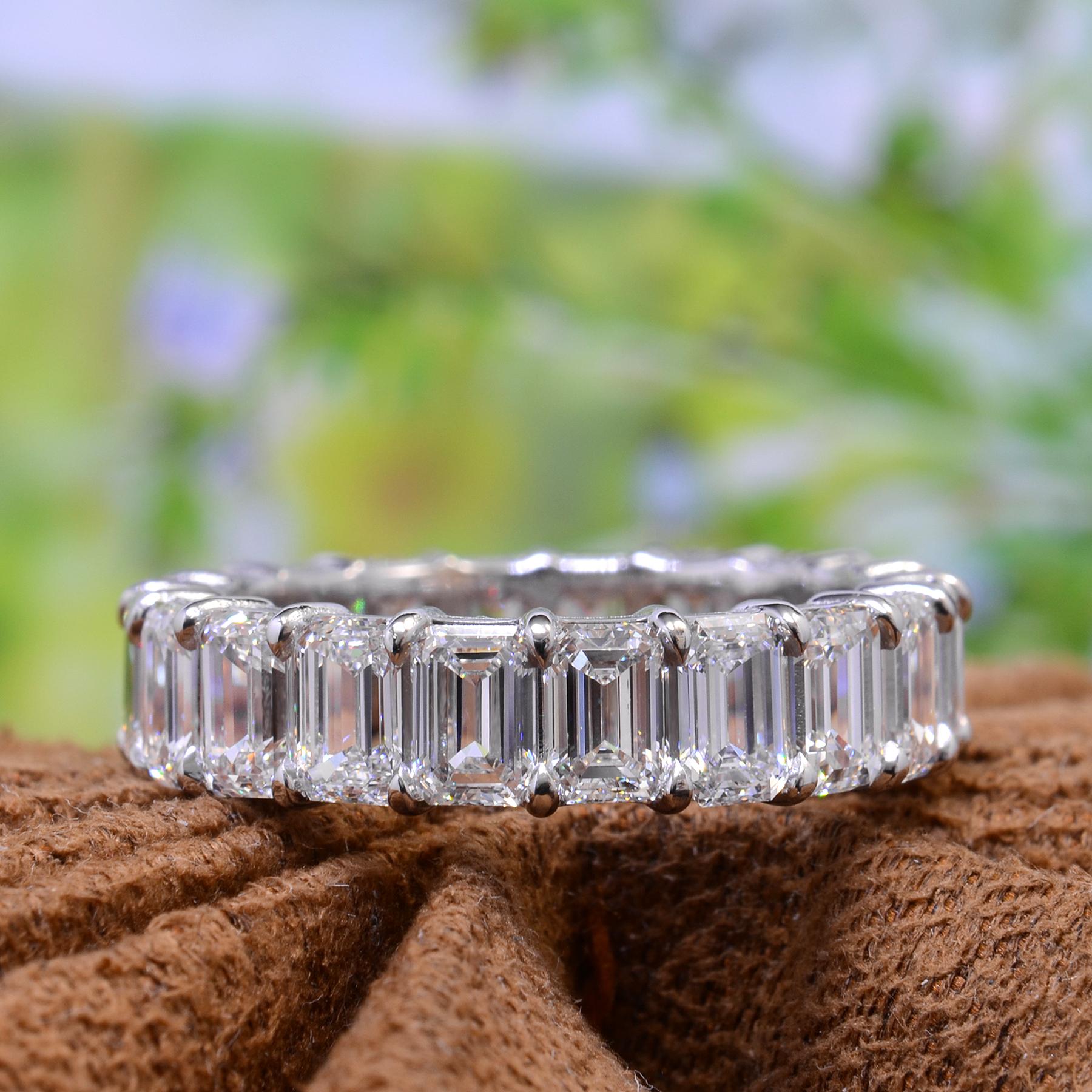 For Sale:  6 Carats Emerald Cut Eternity Band Shared Prongs F-G Color VS1 Clarity Platinum 6