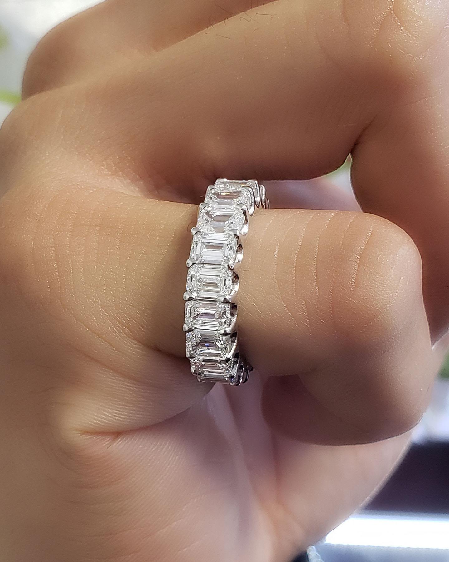 For Sale:  6 Carats Emerald Cut Eternity Band Shared Prongs F-G Color VS1 Clarity Platinum 9