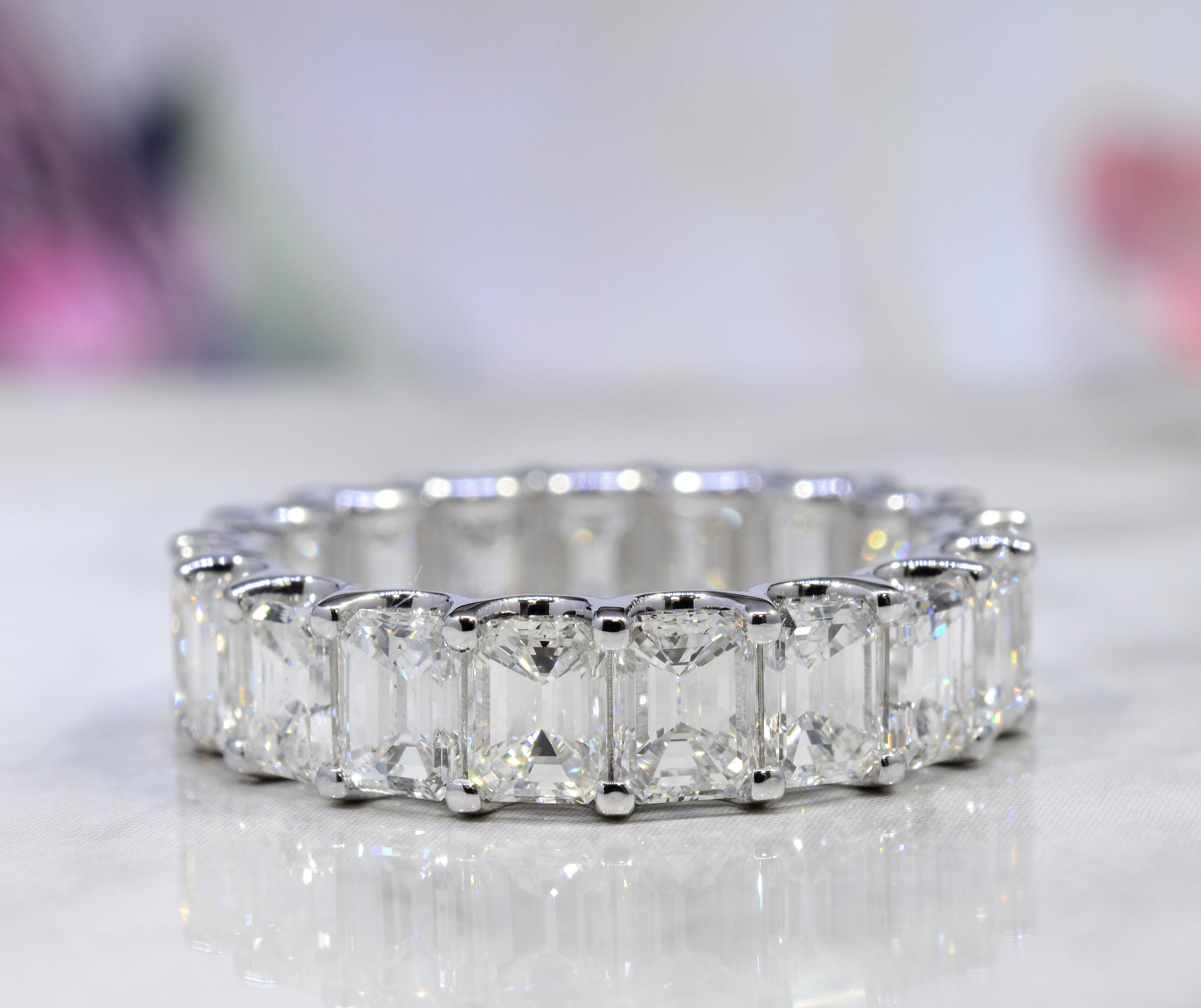 For Sale:  6 Carats Emerald Cut Eternity Band Shared Prongs F-G Color VS1 Clarity 18k Gold 7