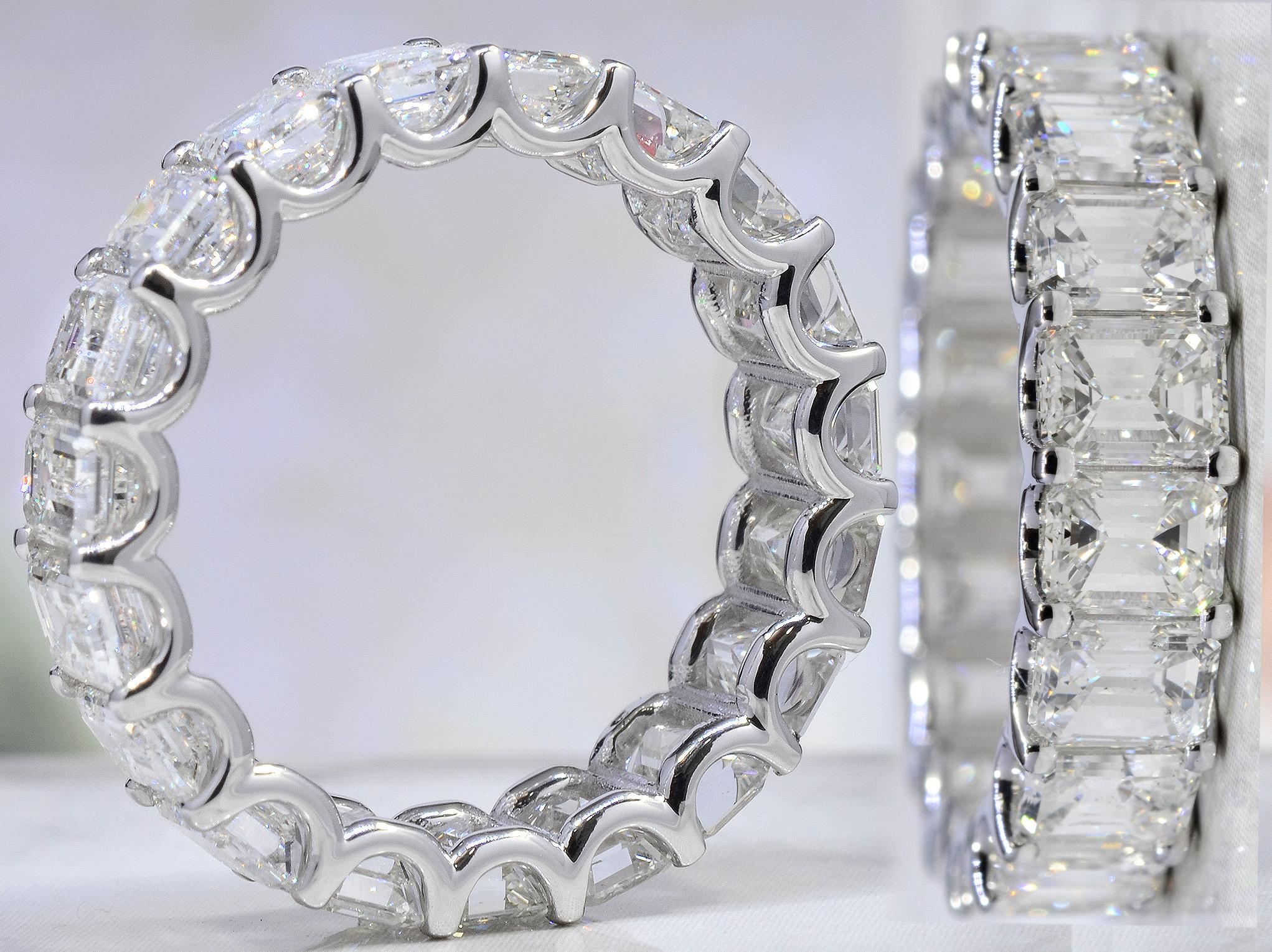 For Sale:  6 Carats Emerald Cut Eternity Band Shared Prongs F-G Color VS1 Clarity 18k Gold 9
