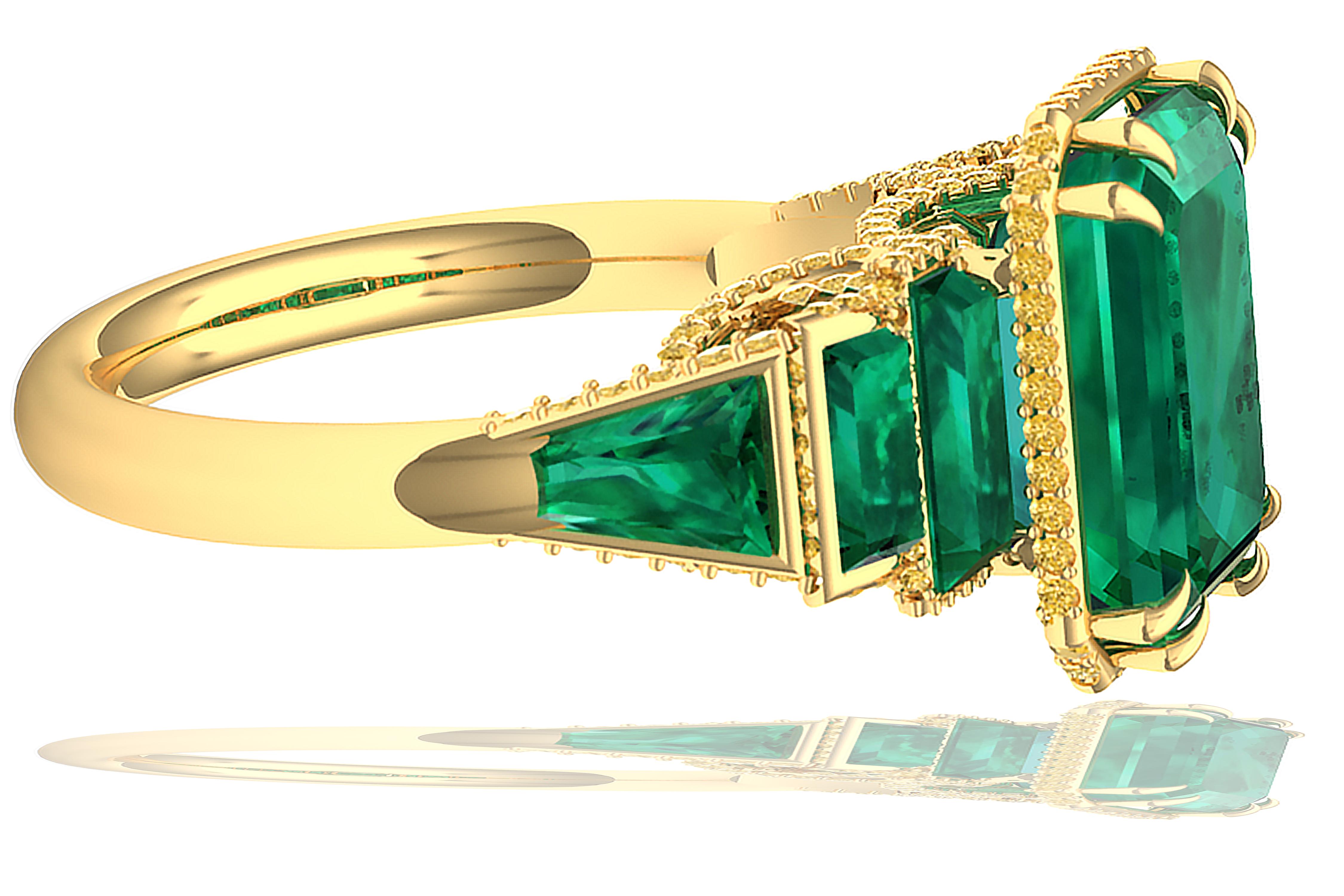 A combination of highly sought after emerald and rich yellow diamond makes this ring one to cherish.  The center stone of this ring is appx 4 carats and is GIA certified with F1 indicating light oiling, often used in emeralds polishing.  The center