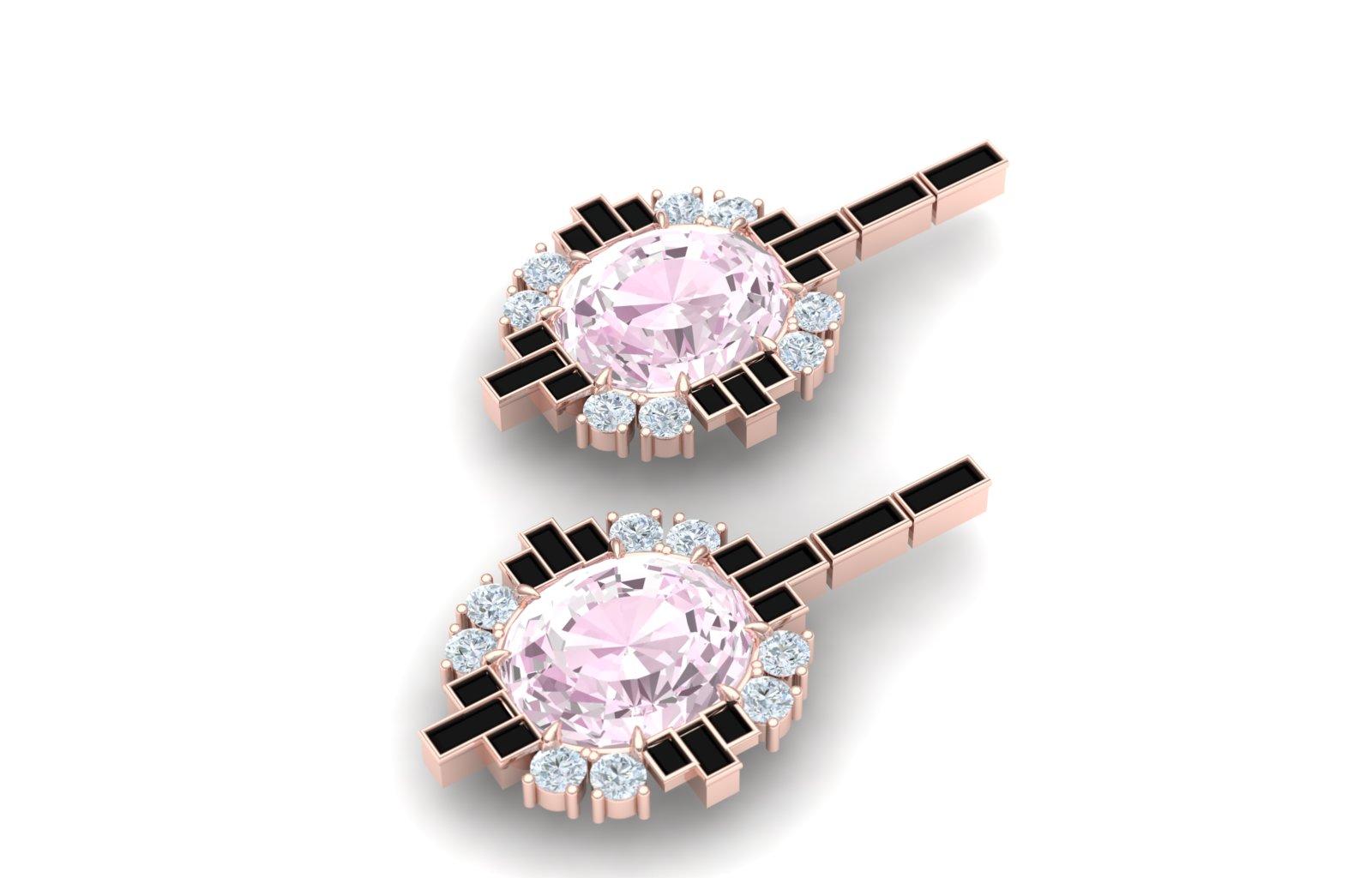 Art Deco 6 Carat Morganite Onyx and Diamond Rose Gold Dangle Drop Earrings For Sale