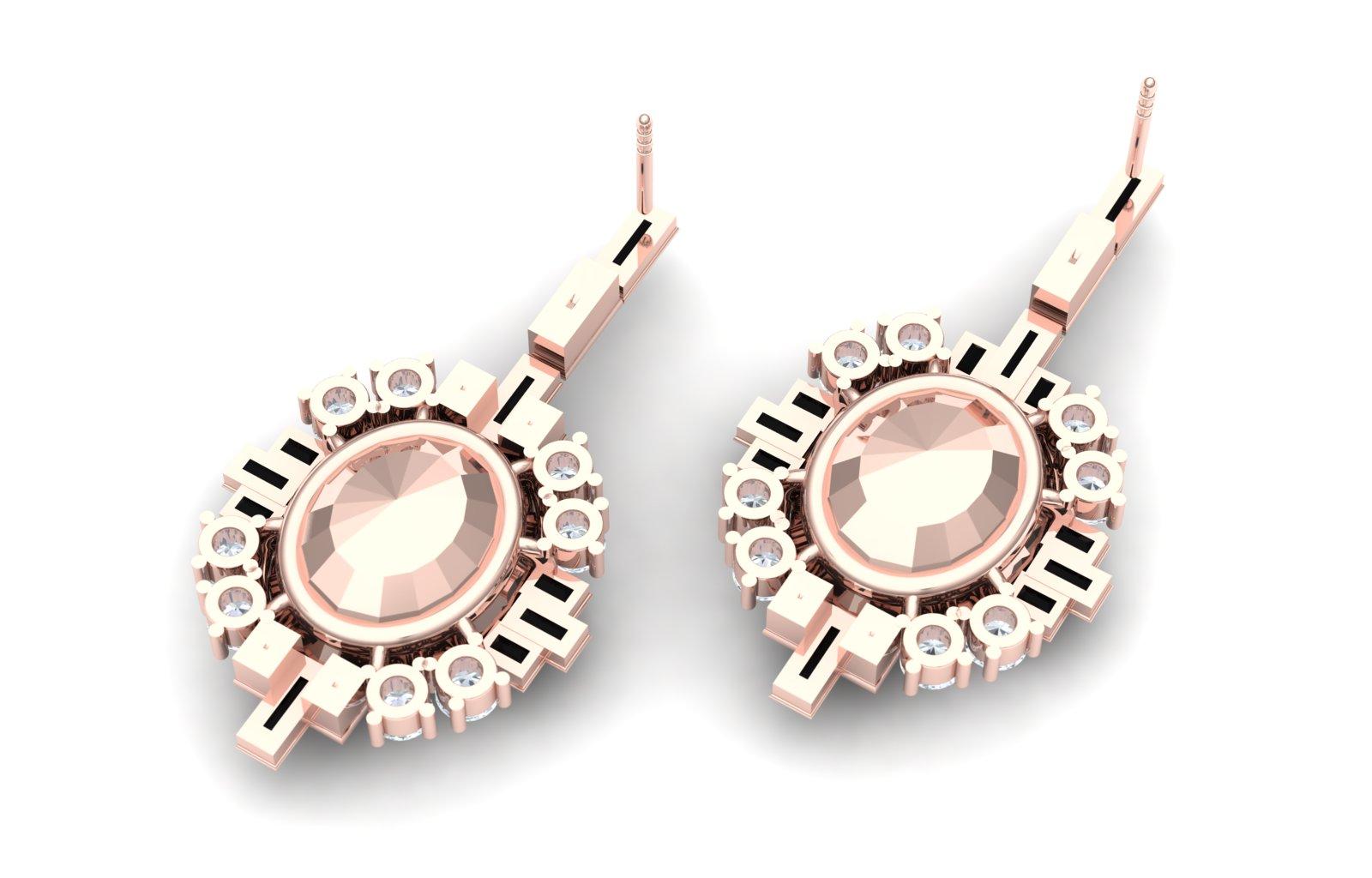 Oval Cut 6 Carat Morganite Onyx and Diamond Rose Gold Dangle Drop Earrings For Sale
