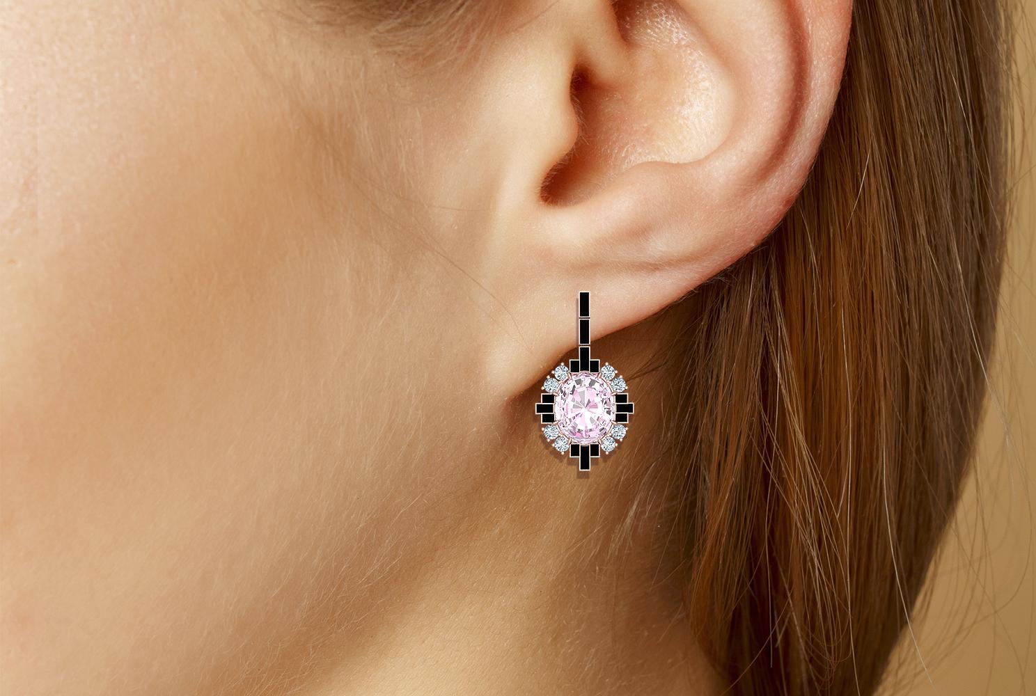 6 Carat Morganite Onyx and Diamond Rose Gold Dangle Drop Earrings In Excellent Condition For Sale In Aliso Viejo, CA
