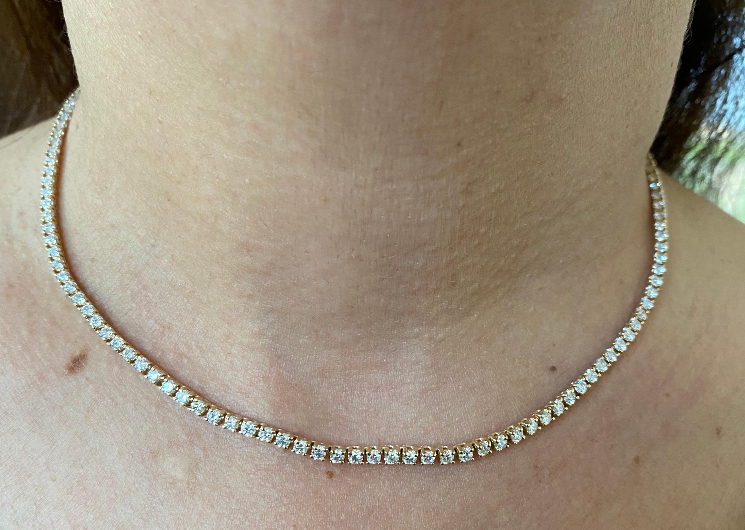 4 Prong tennis necklace set in 14K yellow gold. The necklace is set with 0.04 carat stones, the total weight is 5.85 carats. The color of the stones are G, the clarity is SI1-SI2. The necklace is 16 inches.