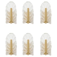 Vintage Set of 6 Carl Fagerlund Frosted Glass and Brass Leaf Sconces