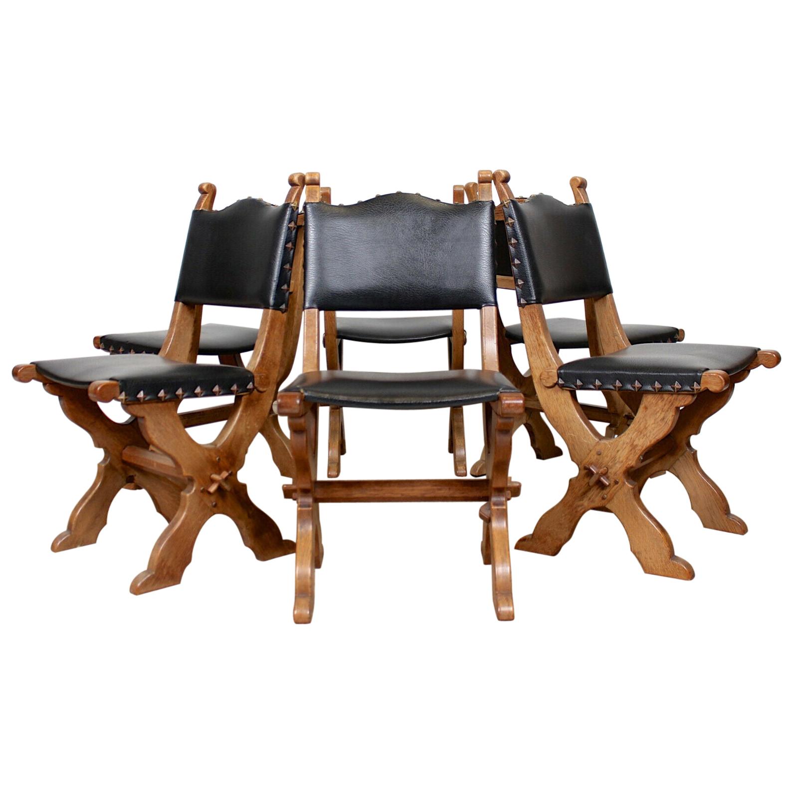 6 Carved Oak Gothic Dining Chairs For Sale