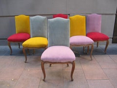 6 Carved Wood and Colors Fabric Neoclassical Chairs, Italy, 19th Century