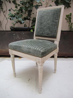 6 Carved Wood and Green Velvet Neoclassical Chairs, France, 19th Century