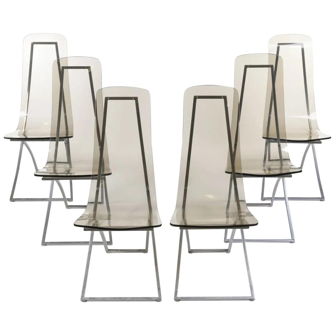 6 CH4 Chairs by Edmond Vernassa, Chromed Steel and Plexiglas, circa 1973 For Sale