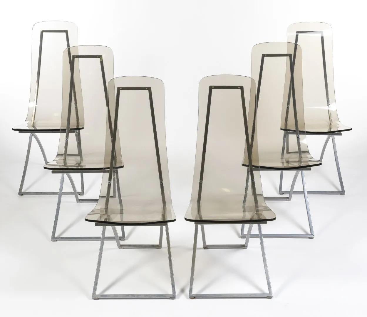 French 6 CH4 Chairs by Edmond Vernassa, Chromed Steel and Plexiglas, circa 1973 For Sale