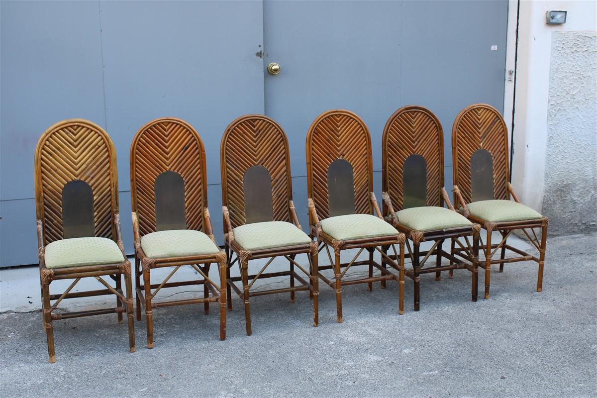 Mid-Century Modern 6 Chairs High Back Bamboo and Brass Italian design 1970s  For Sale