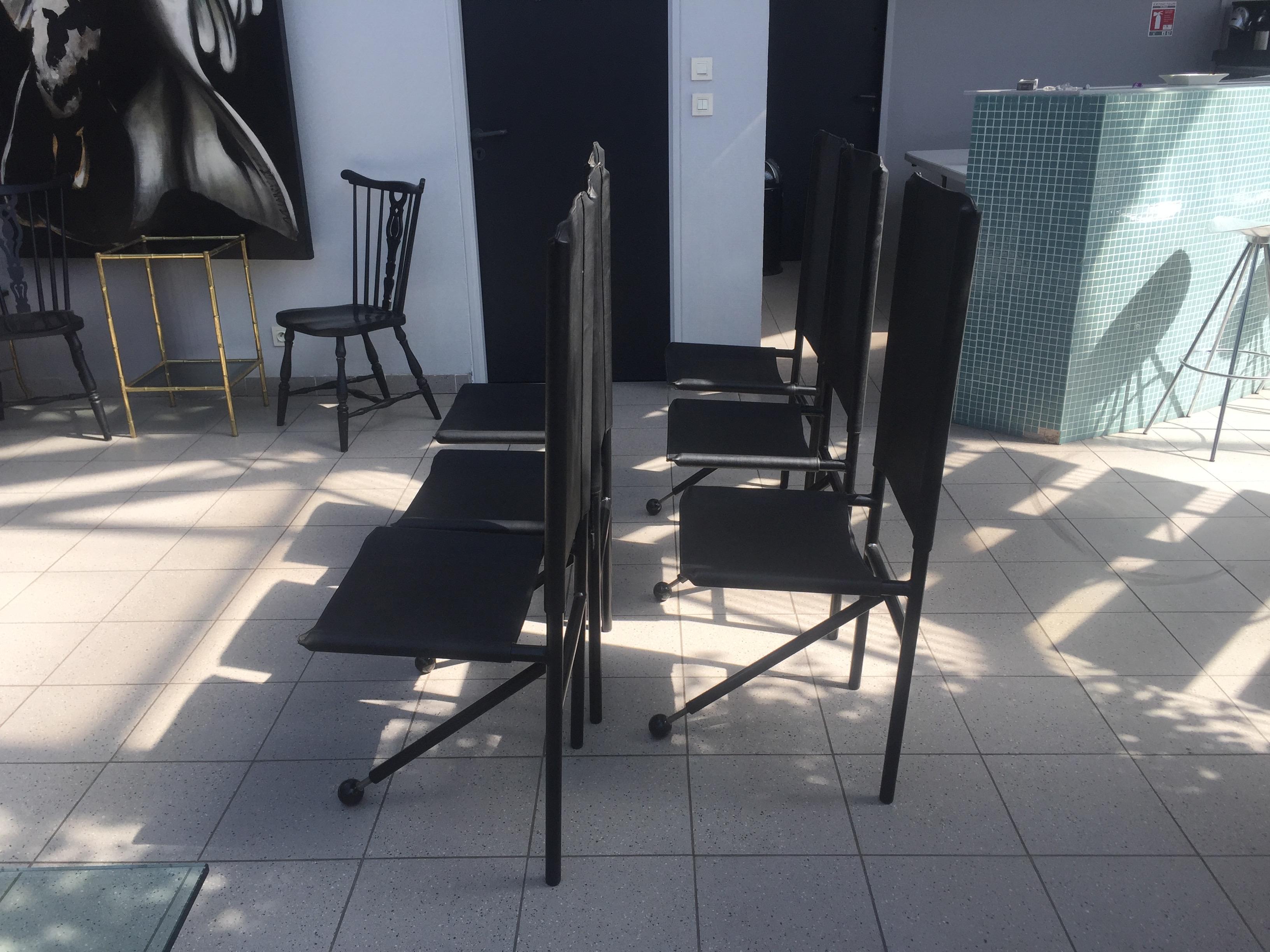 Modern 6 Chairs Tripod Feet Leather and Metal, 1970 For Sale