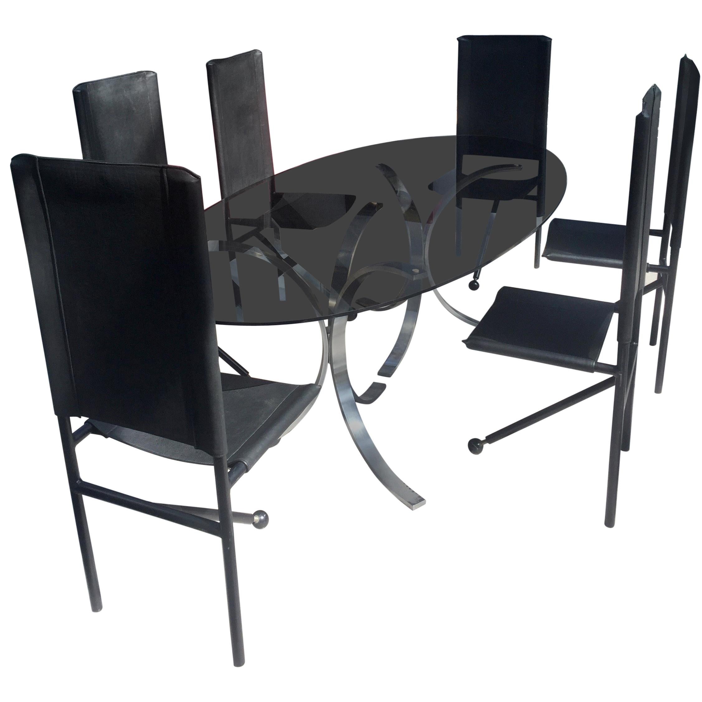 6 Chairs Tripod Feet Leather and Metal, 1970 For Sale