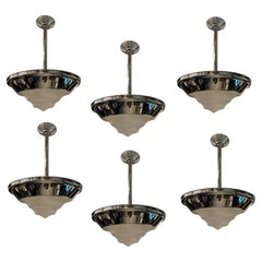 6 Chandeliers , Art Deco in glass and chrome, German , 1930