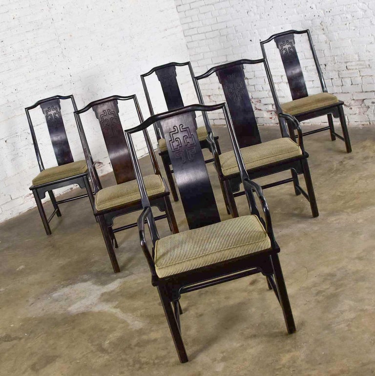 Gorgeous set of six Chin Hua dining chairs 4 side and 2 armchairs by Raymond K. Sobota for Century Furniture. Comprised of ebonized deep brown ash wood and a textured stripe taupe and black fabric on the seat cushions. Beautiful vintage condition.
