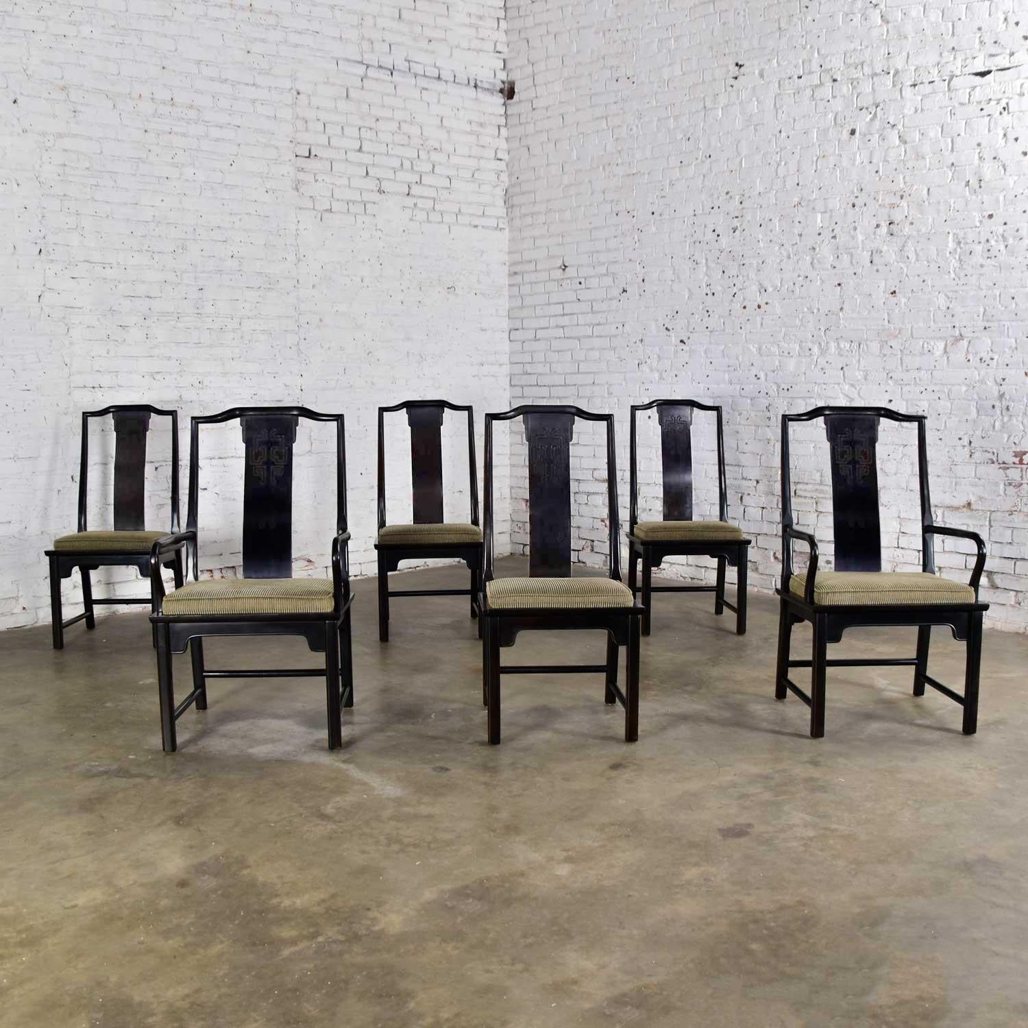 Chinoiseries 6 chaises de salle à manger Chin Hua noires par Raymond K. Sobota pour Century Furniture en vente