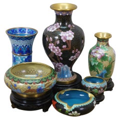 6 Chinese Brass Cloisonne Enameled Floral Vases Brush Bowls Ashtray Dishes