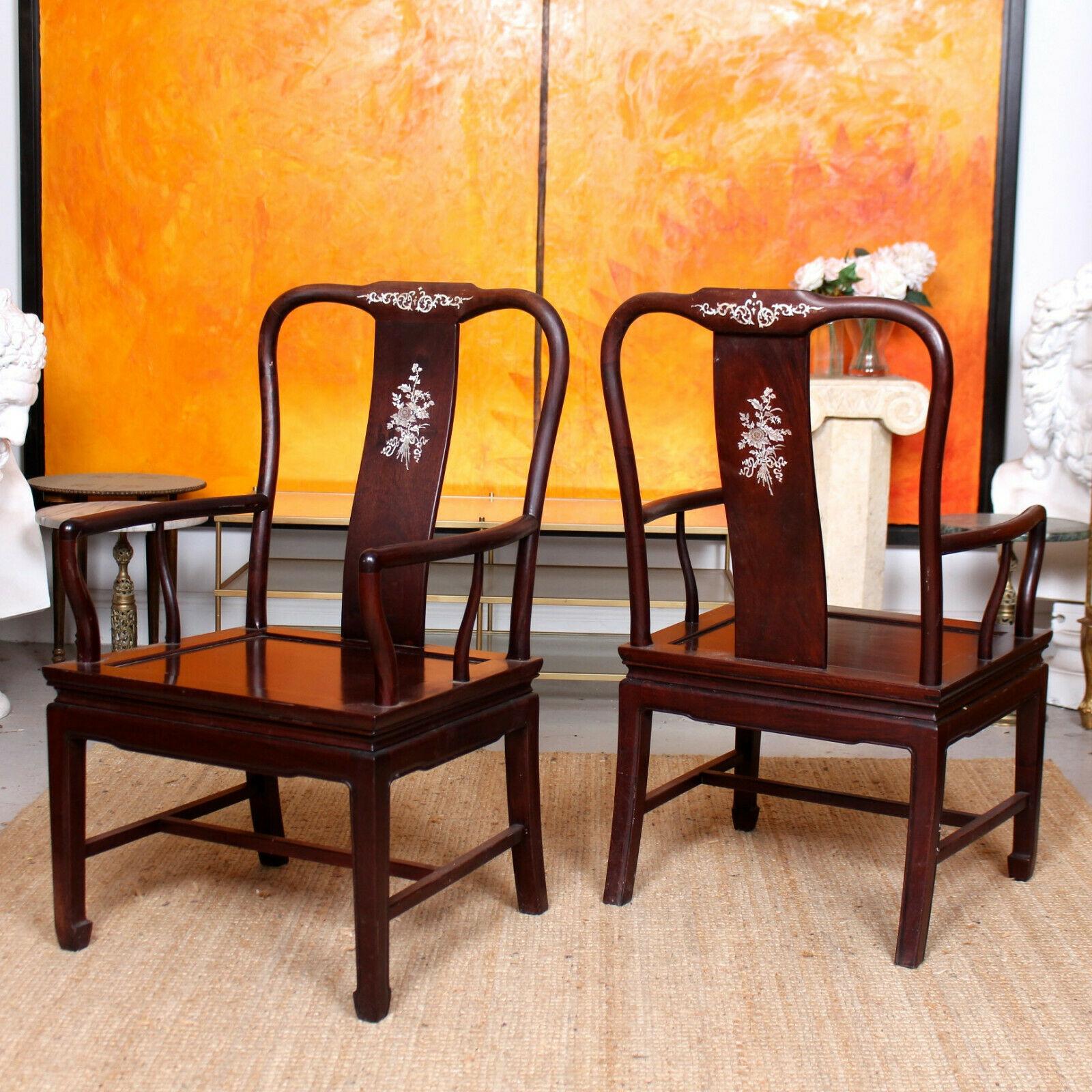20th Century 6 Chinese Rosewood Dining Chairs Inlaid Mother of Pearl Yoked For Sale