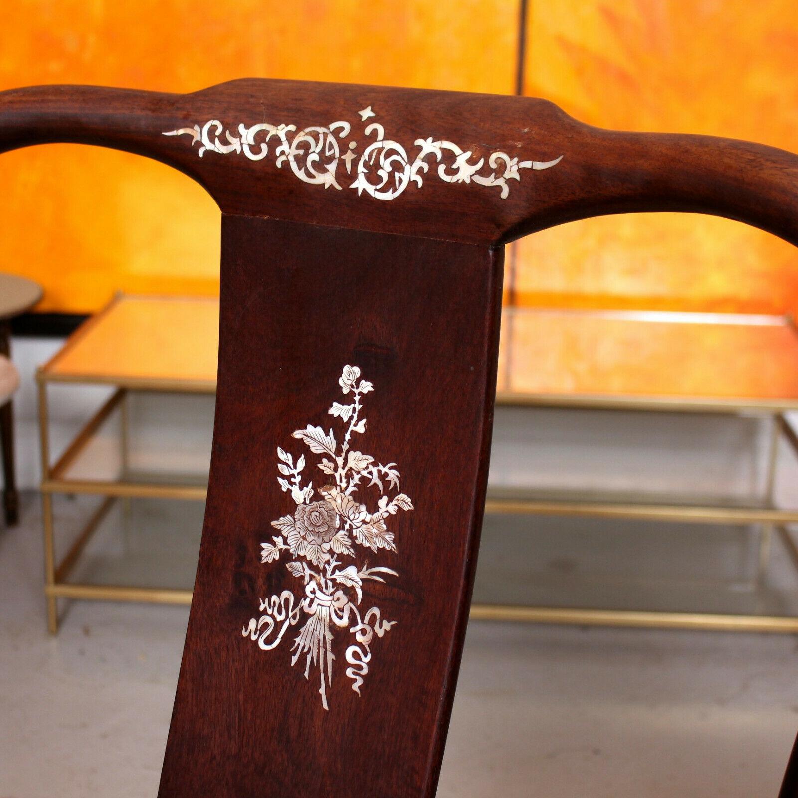 6 Chinese Rosewood Dining Chairs Inlaid Mother of Pearl Yoked For Sale 1