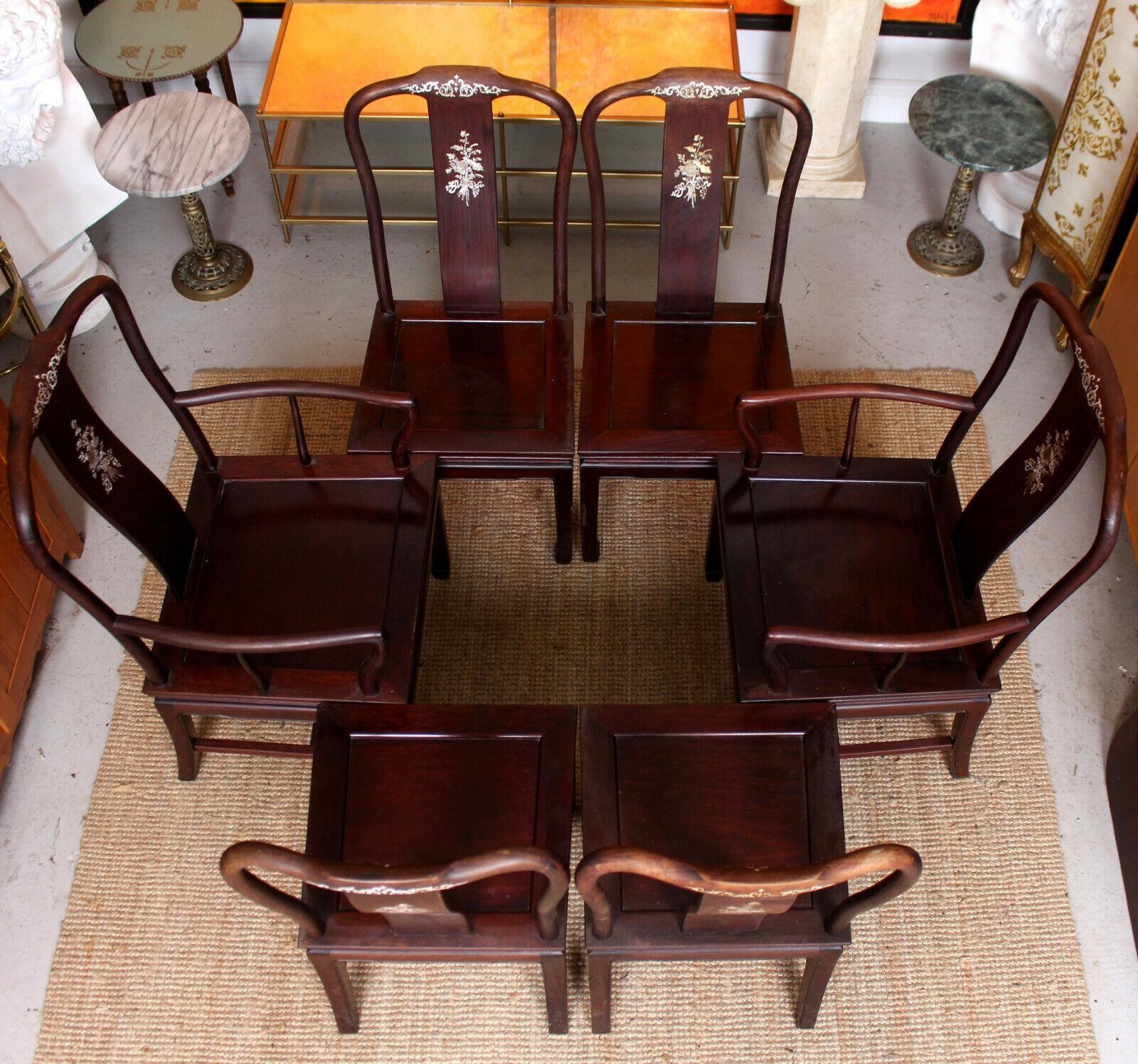 6 Chinese Rosewood Dining Chairs Inlaid Mother of Pearl Yoked For Sale 4