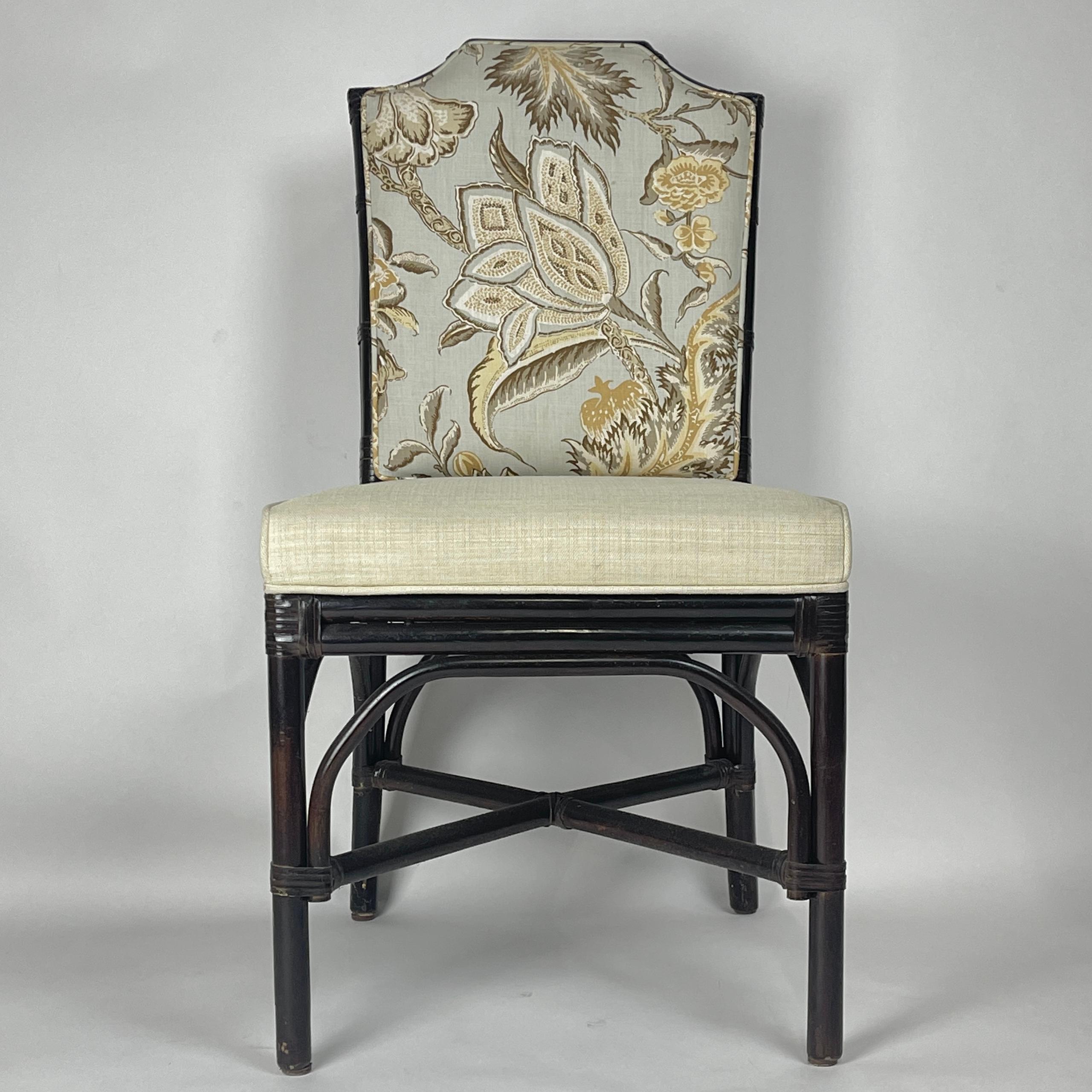 Set of 6 stunning ebonized chinoiserie Chinese Art Deco style dining chair with lovely yet sturdy upholstery. These chairs are solid and perfect for everyday use.
This listing is for 6 chairs. We have 2 sets of six chairs available.

