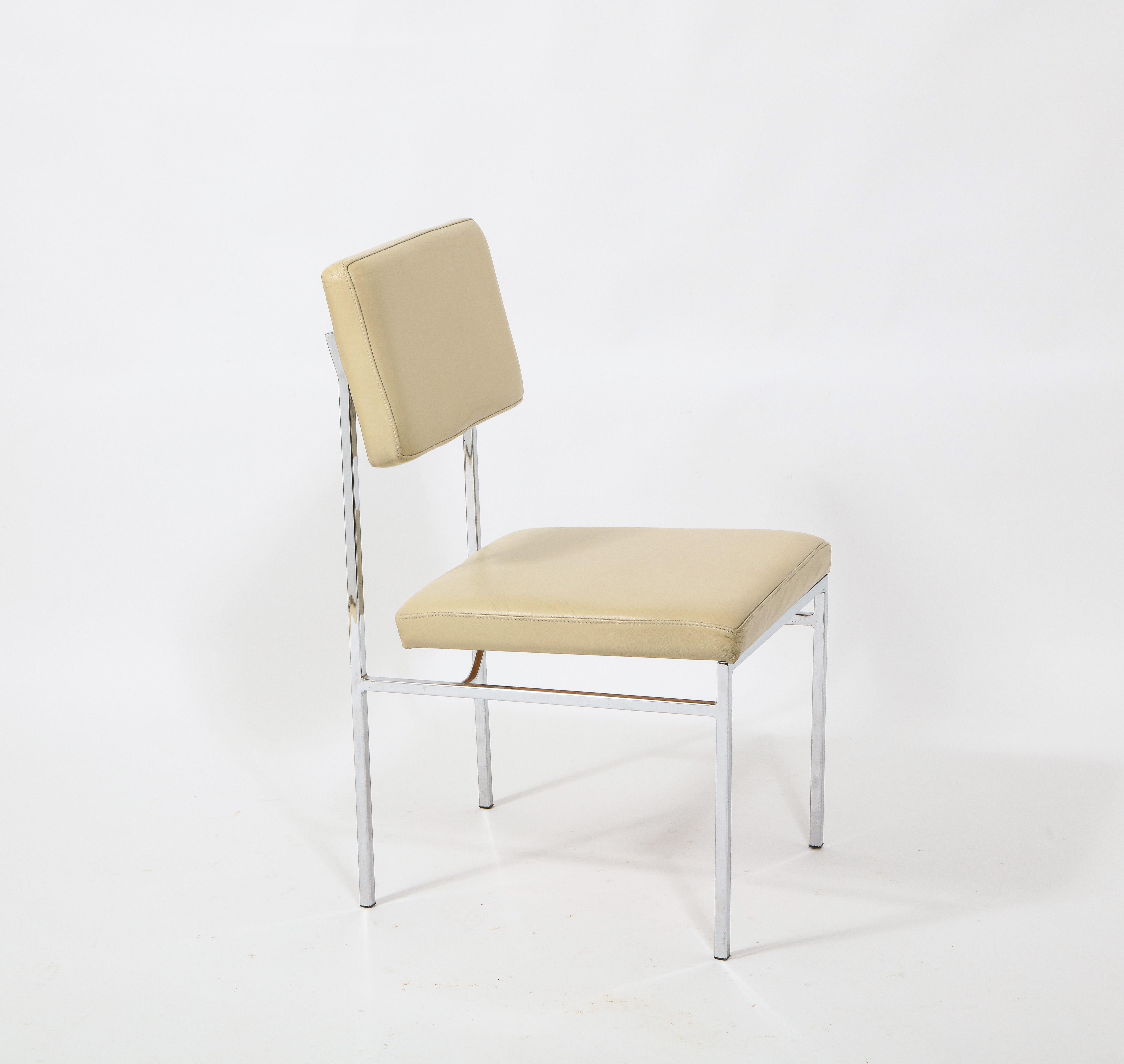 6 Chrome and Cream Leather P60 Chairs by Philippon & Lecoq, France, 1960's For Sale 8
