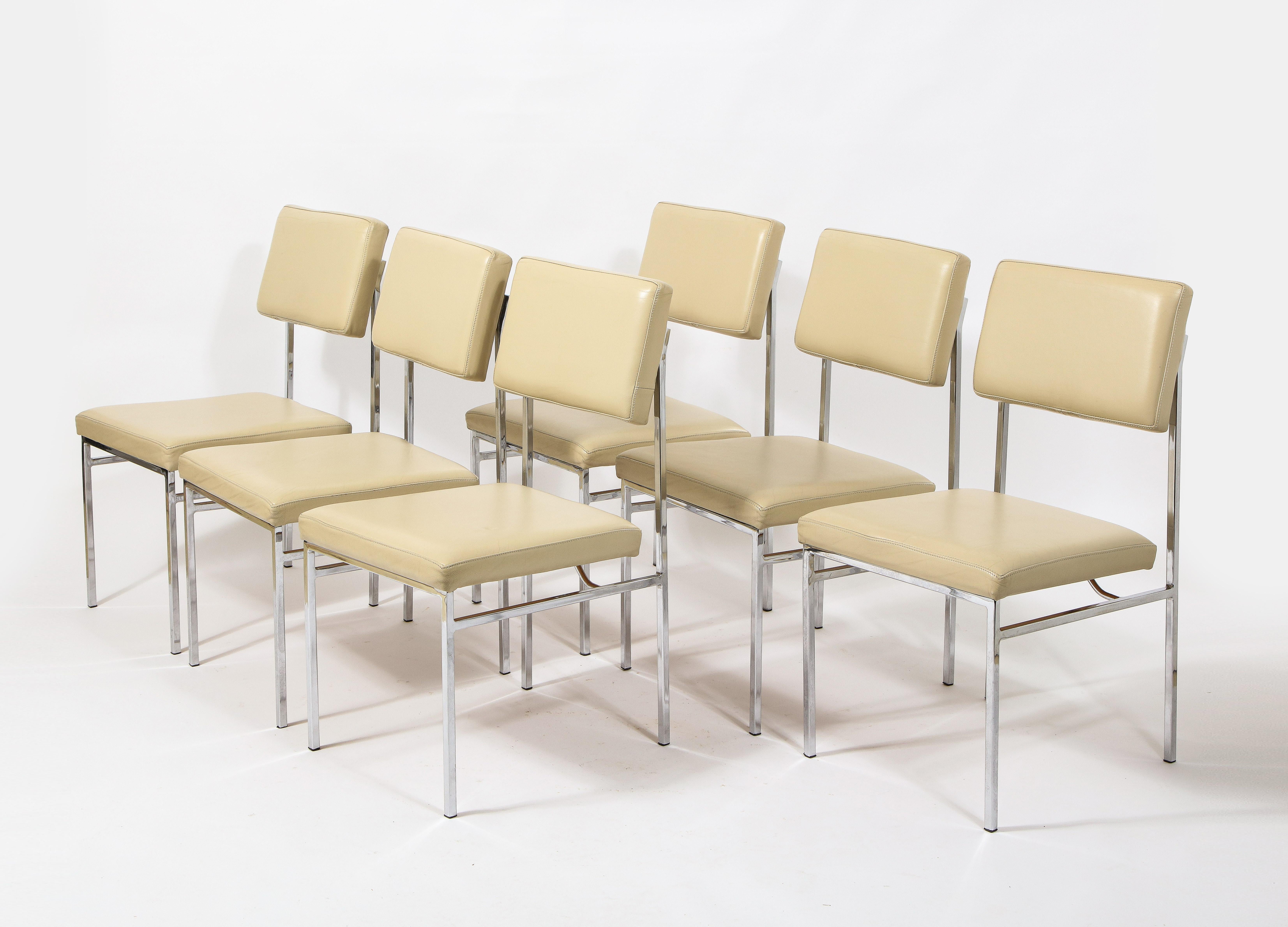 French 6 Chrome and Cream Leather P60 Chairs by Philippon & Lecoq, France, 1960's For Sale