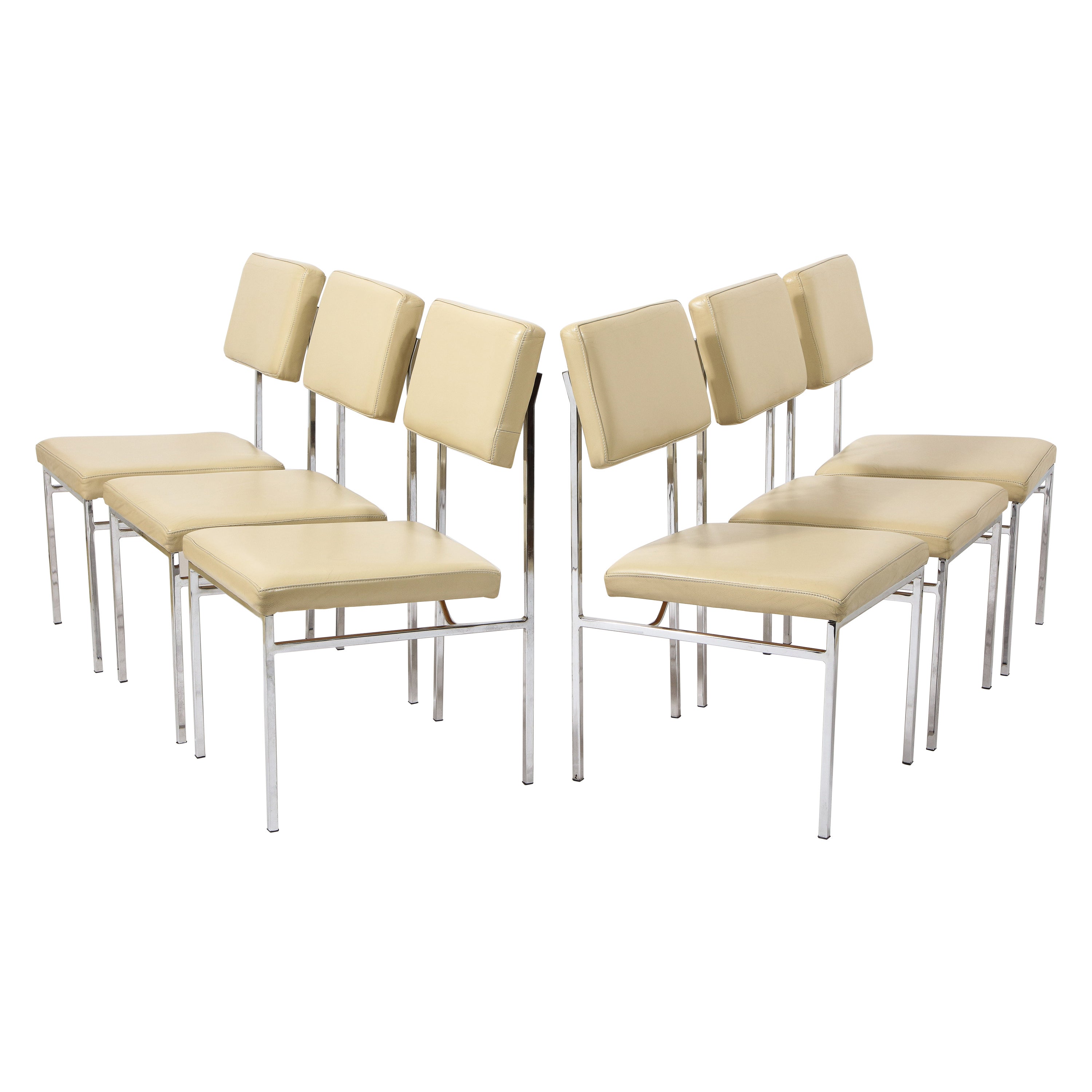 6 P60-Stühle aus Chrom und cremefarbenem Leder von Philippon & Lecoq, Frankreich, 1960er Jahre im Angebot