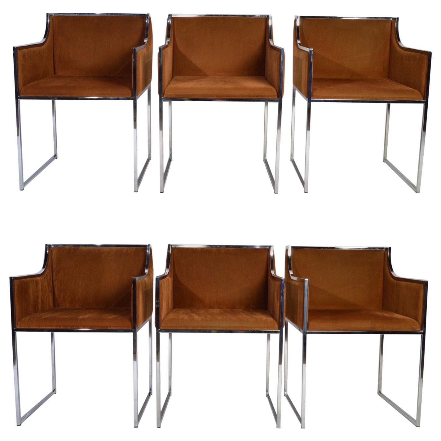 6 Chrome and Velvet Dining Chairs Attributed to Willy Rizzo Italy
