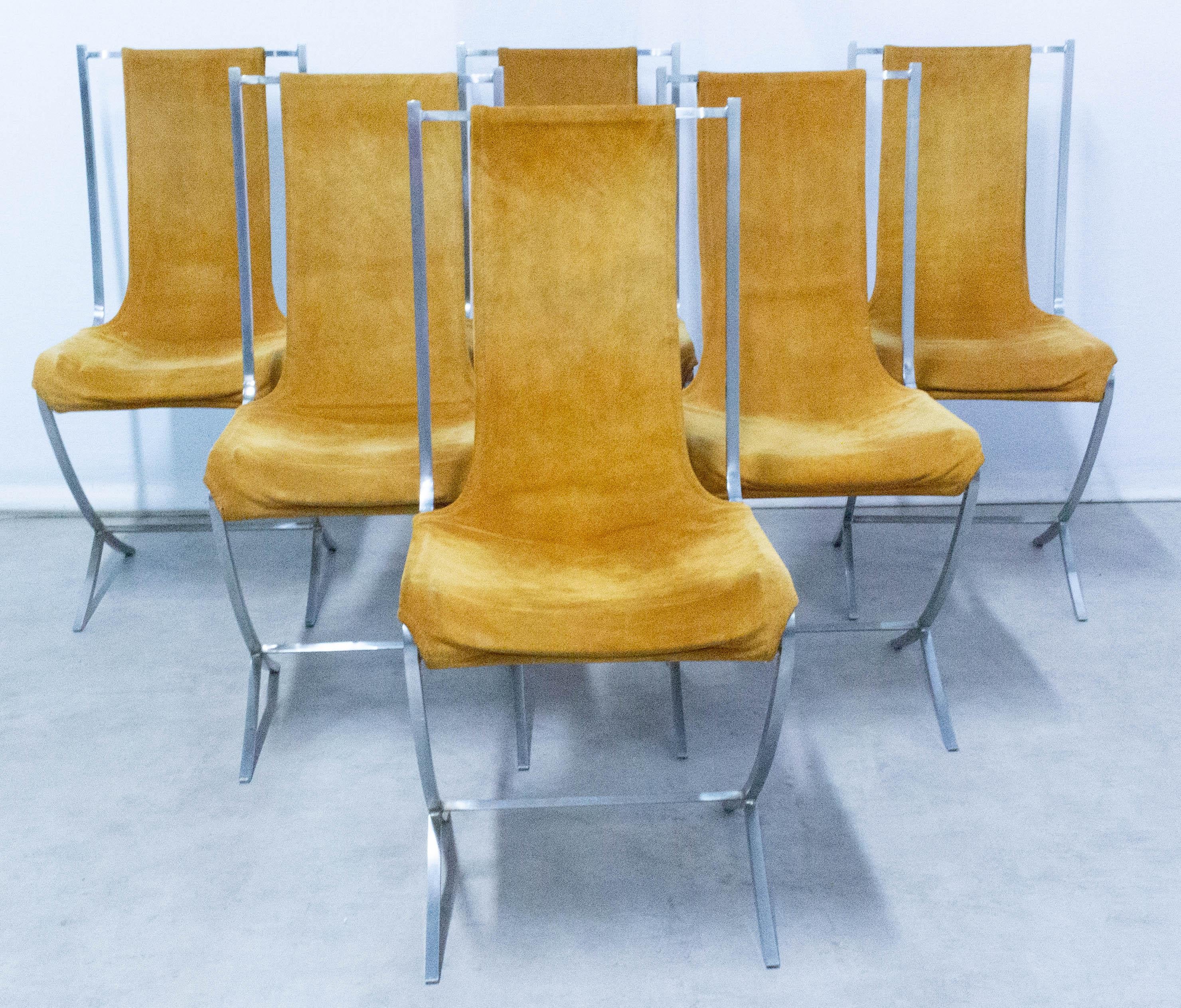 6 chairs of Maison Jansen created by Pierre Cardin
The chairs are of natural color nubuck and chrome,
French, mid-century
Good condition with few signs of use on the nubuck

Shipping:
2 packs: 69/103/48 cm 28 kg each pack.