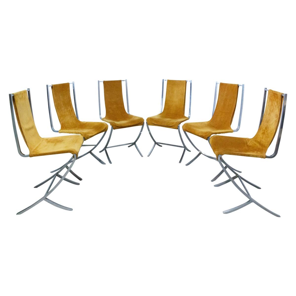 6 Chrome Nubuck Chairs Created by Pierre Cardin for Maison Jansen French c. 1970