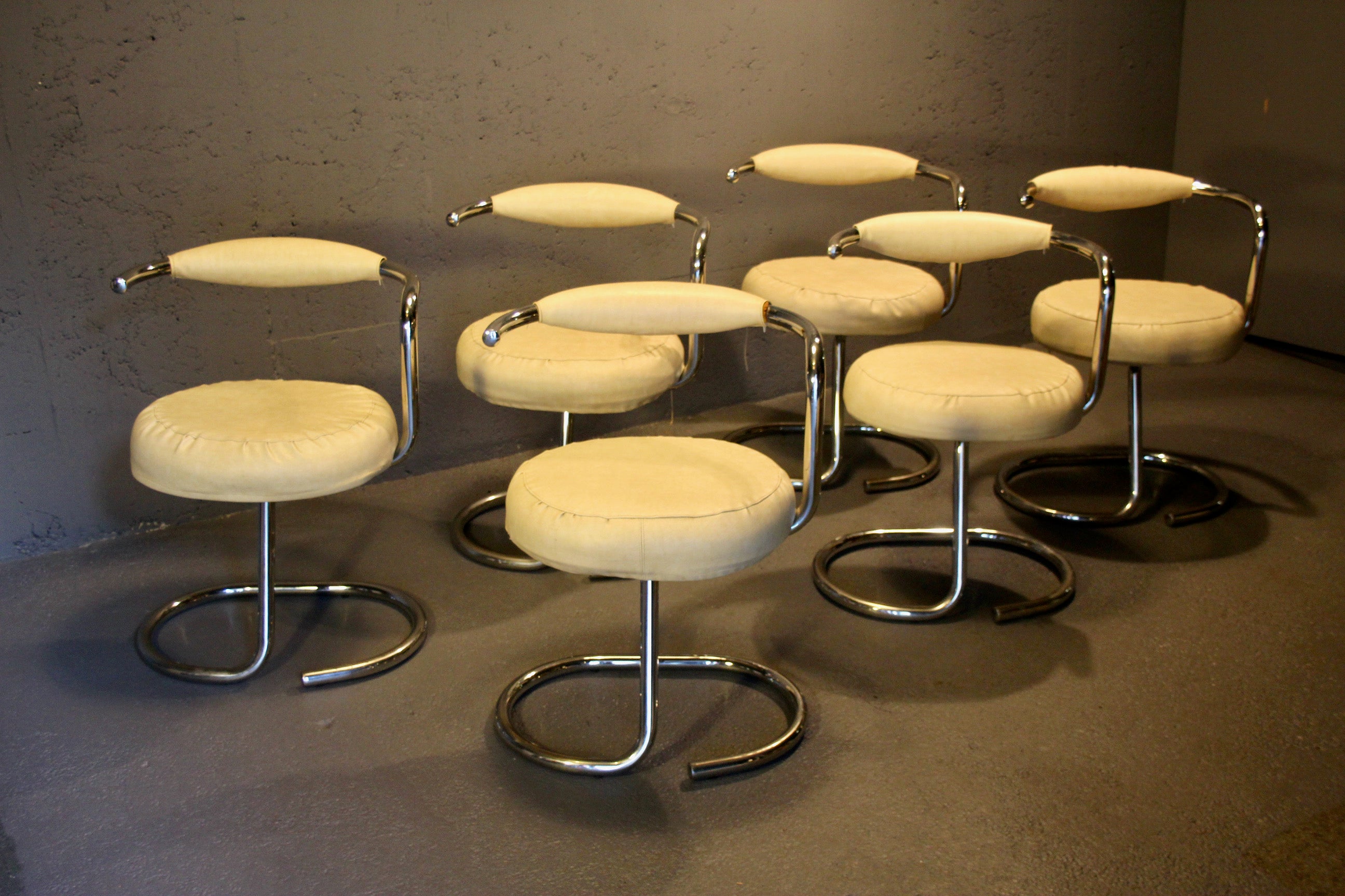 6 "Cobra" Space Age Dining Chairs by Giotto Stoppino, Chrome and faux leather