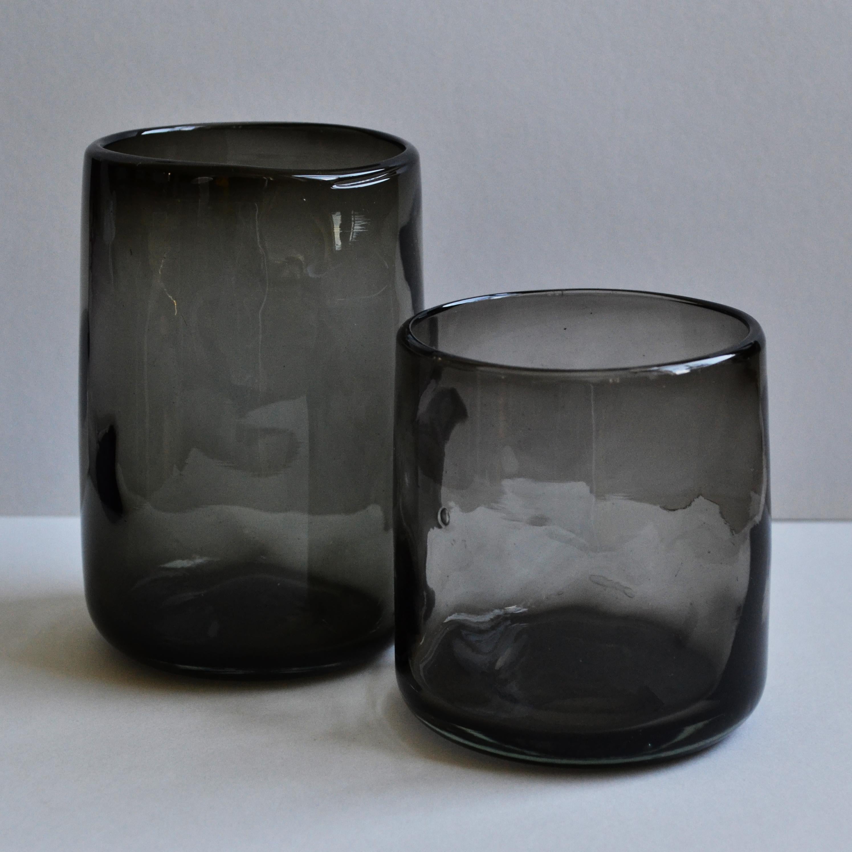 Organic Modern 6 Cocktail BLACK Tumblers, Handblown Organic Irregular Shape 100% Recycled Glass For Sale