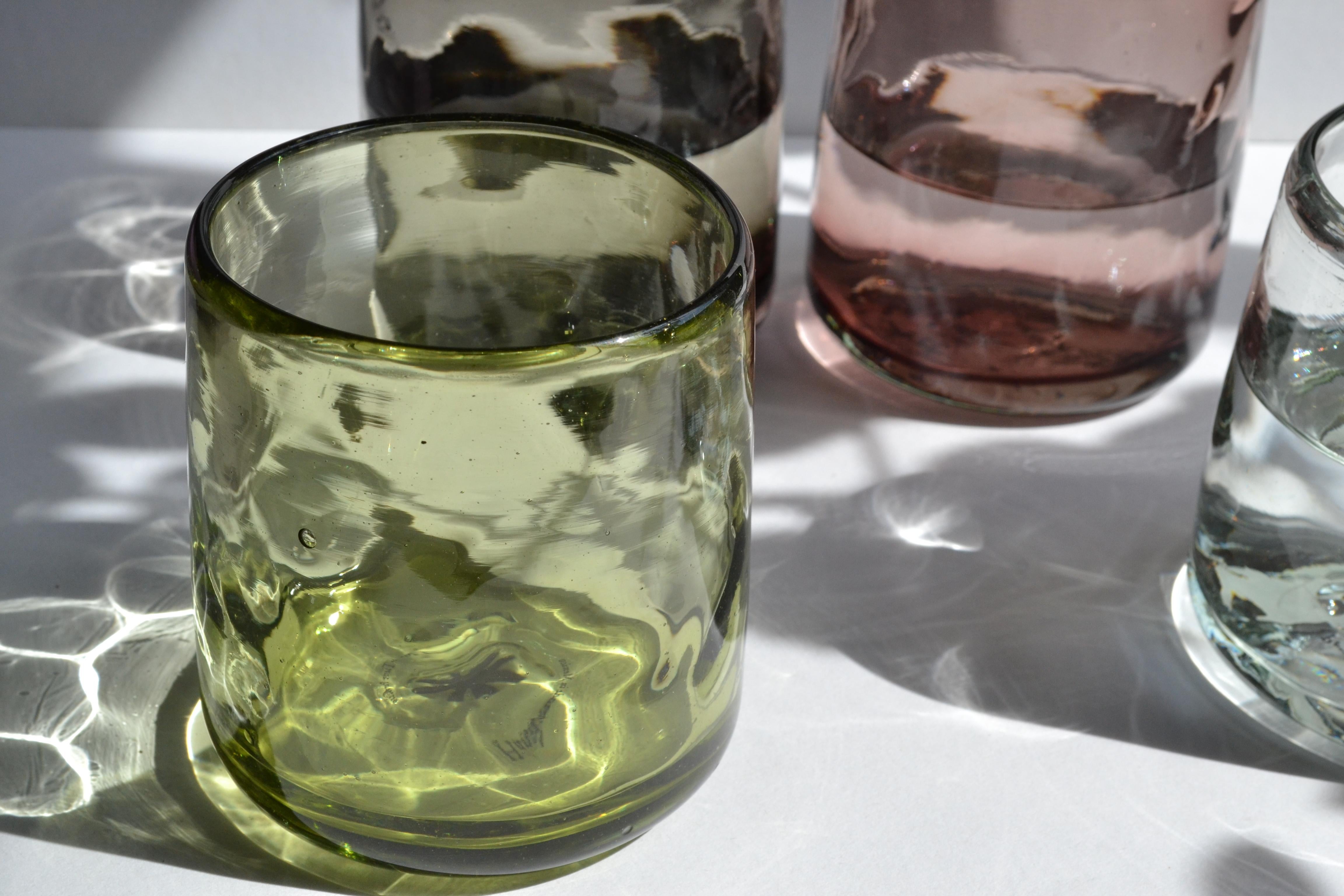Organic Modern 6 Cocktail GREEN Tumblers, Handblown Organic Irregular Shape 100% Recycled Glass For Sale
