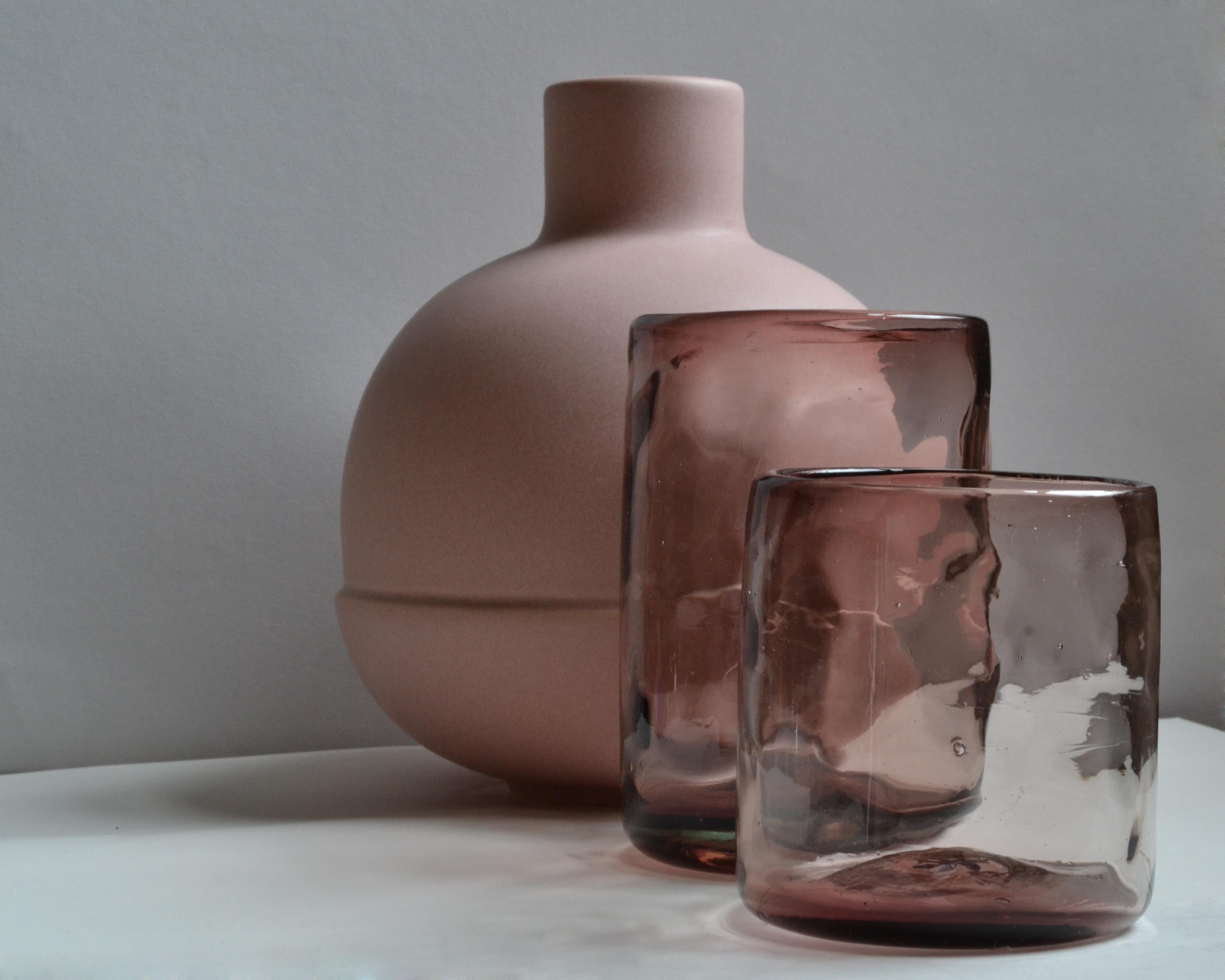 Mexican 6 Cocktail PINK Tumblers, Handblown Organic Irregular Shape 100% Recycled Glass For Sale