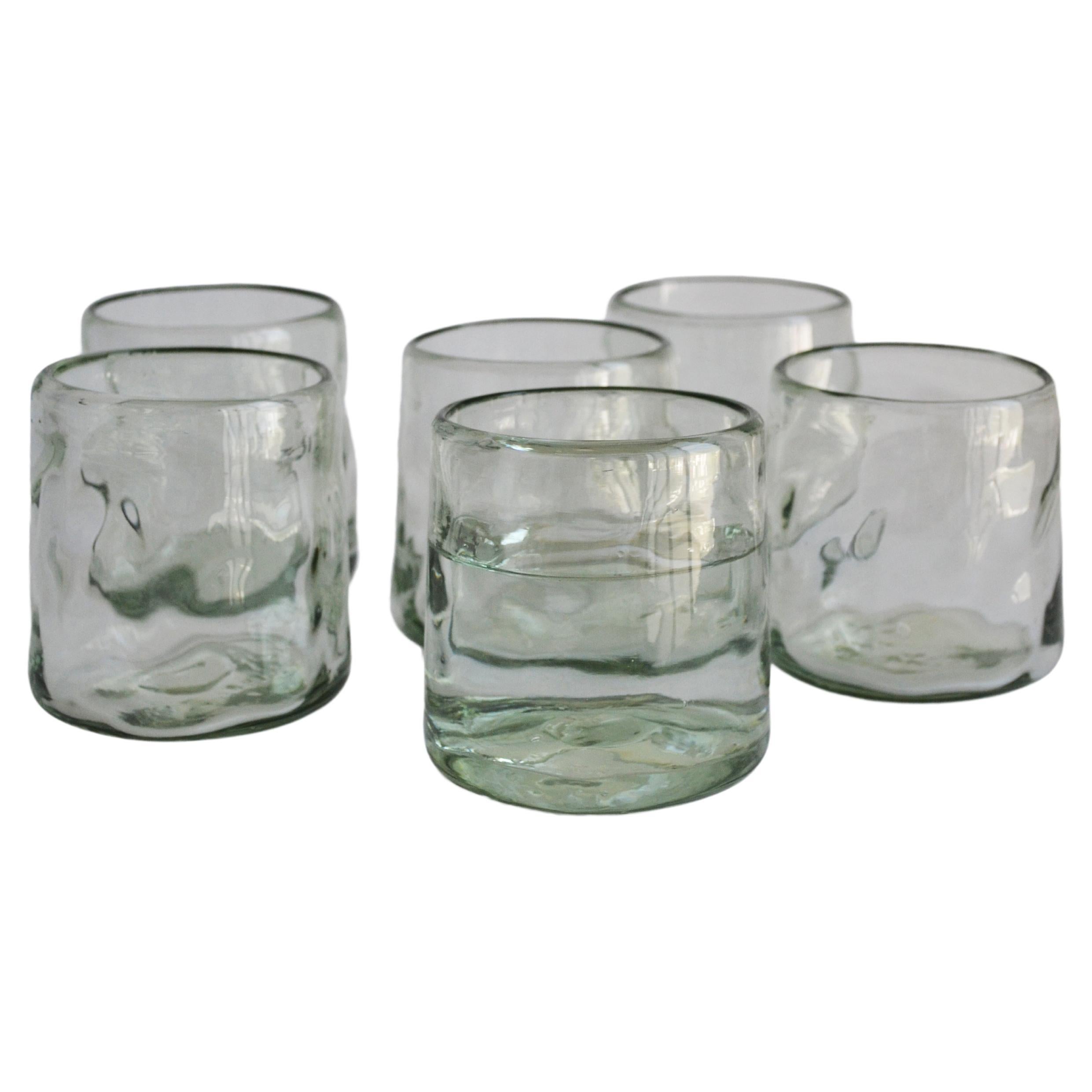 6 Cocktail Tumblers, Handblown Organic Irregular Shape 100% Recycled Glass For Sale