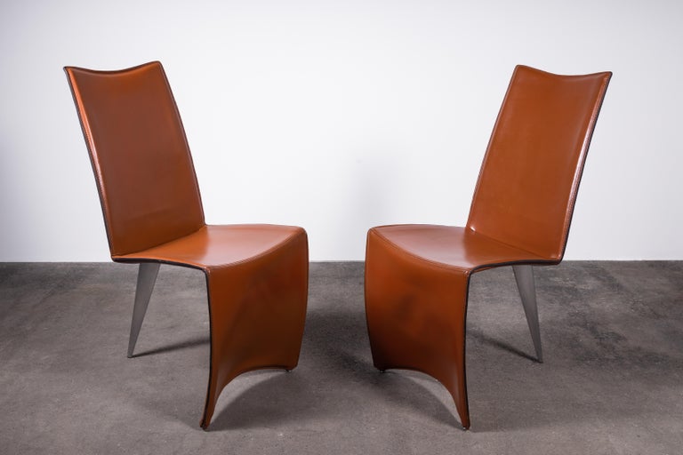 6 Cognac Leather Ed Archer Chairs by Philippe Starck for Driade / Aleph For Sale 1