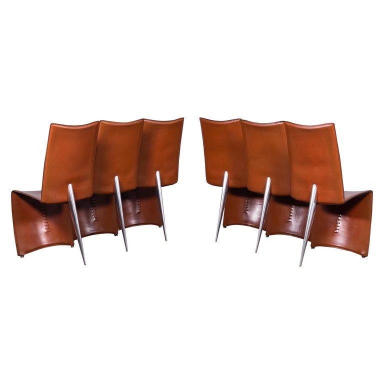 6 Cognac Leather Ed Archer Chairs by Philippe Starck for Driade / Aleph For Sale