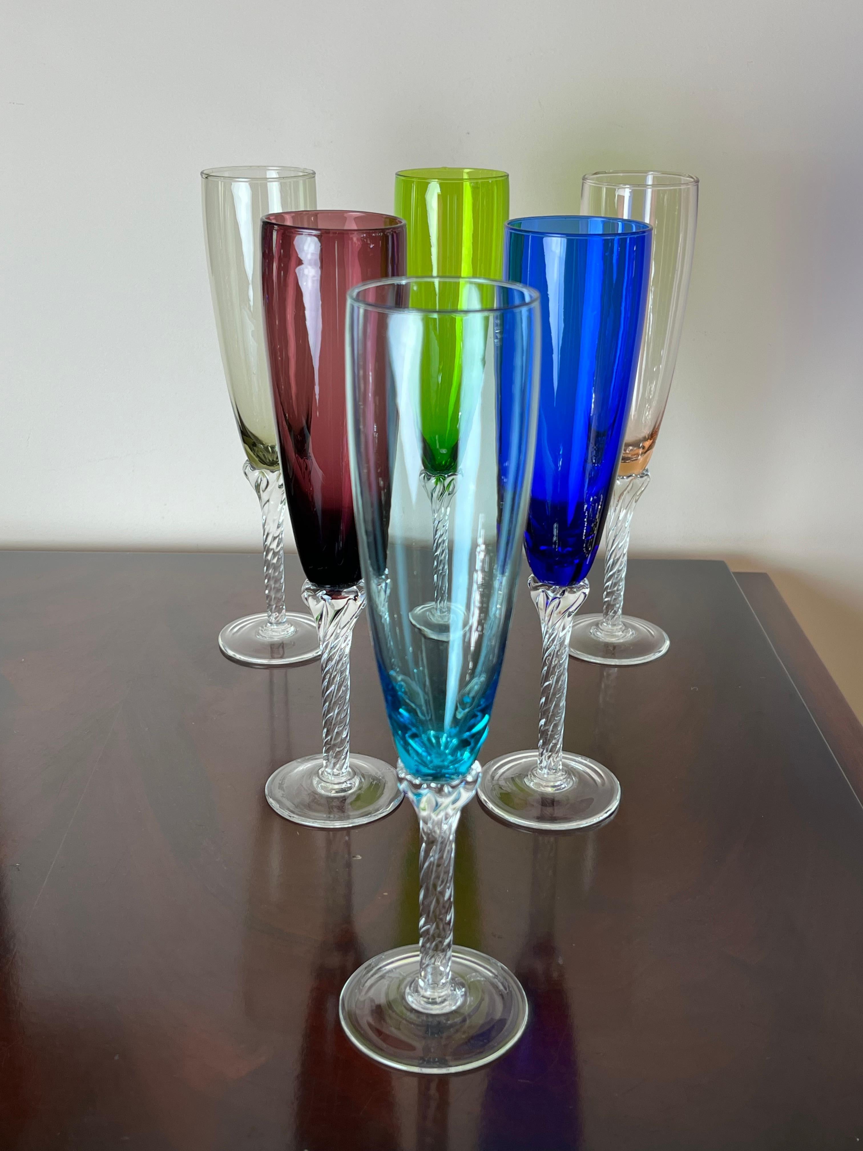 6 colored Murano glass goblets, Italy, 1960s
Purchased by my maternal grandfather in one of the most important shops in Piazza San Marco in Venice.
Small air bubbles can be glimpsed inside the glass which attest to the authenticity of the